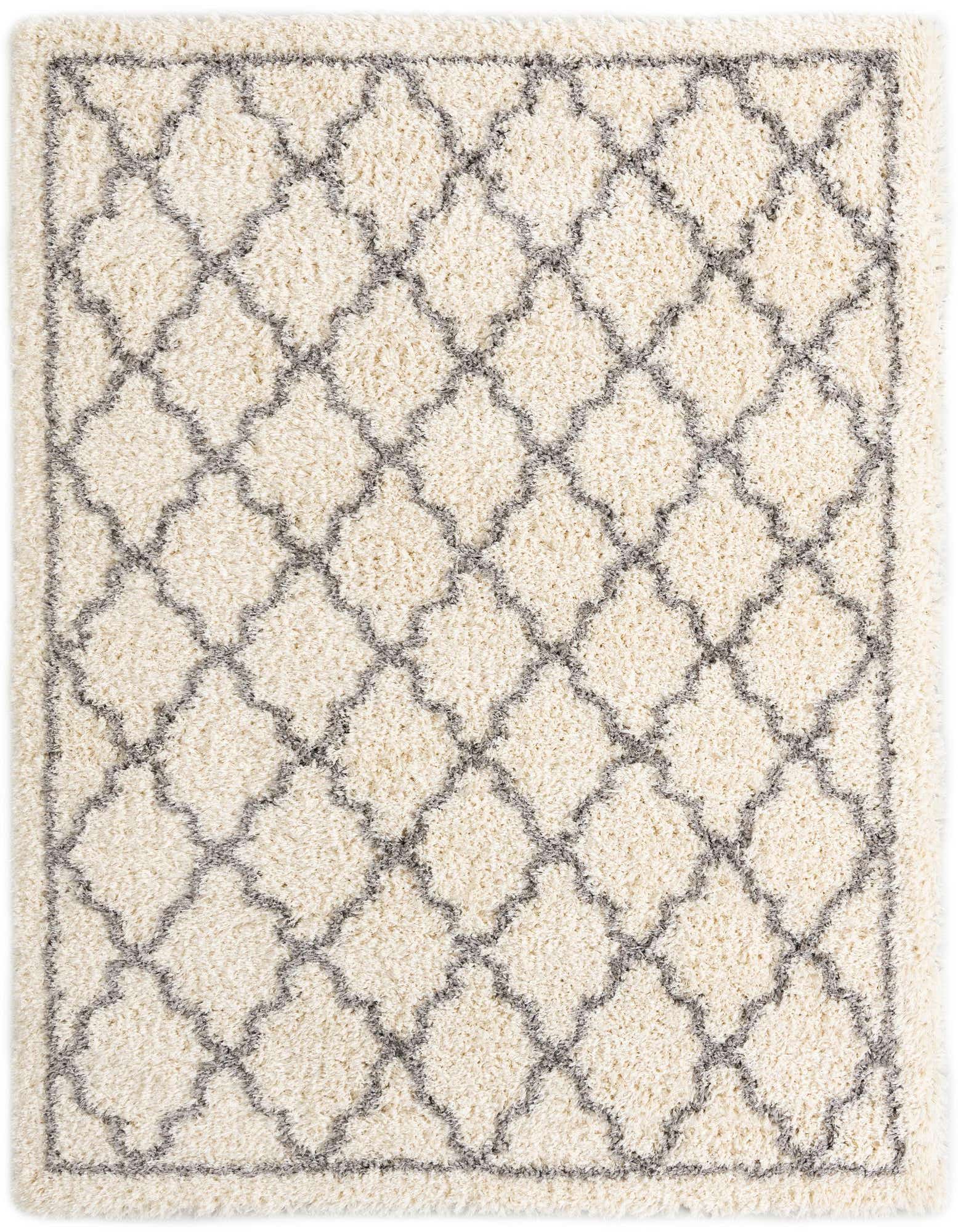 An 8x10 rectangular ivory shag rug with a modern gray trellis pattern, perfect for a living room.