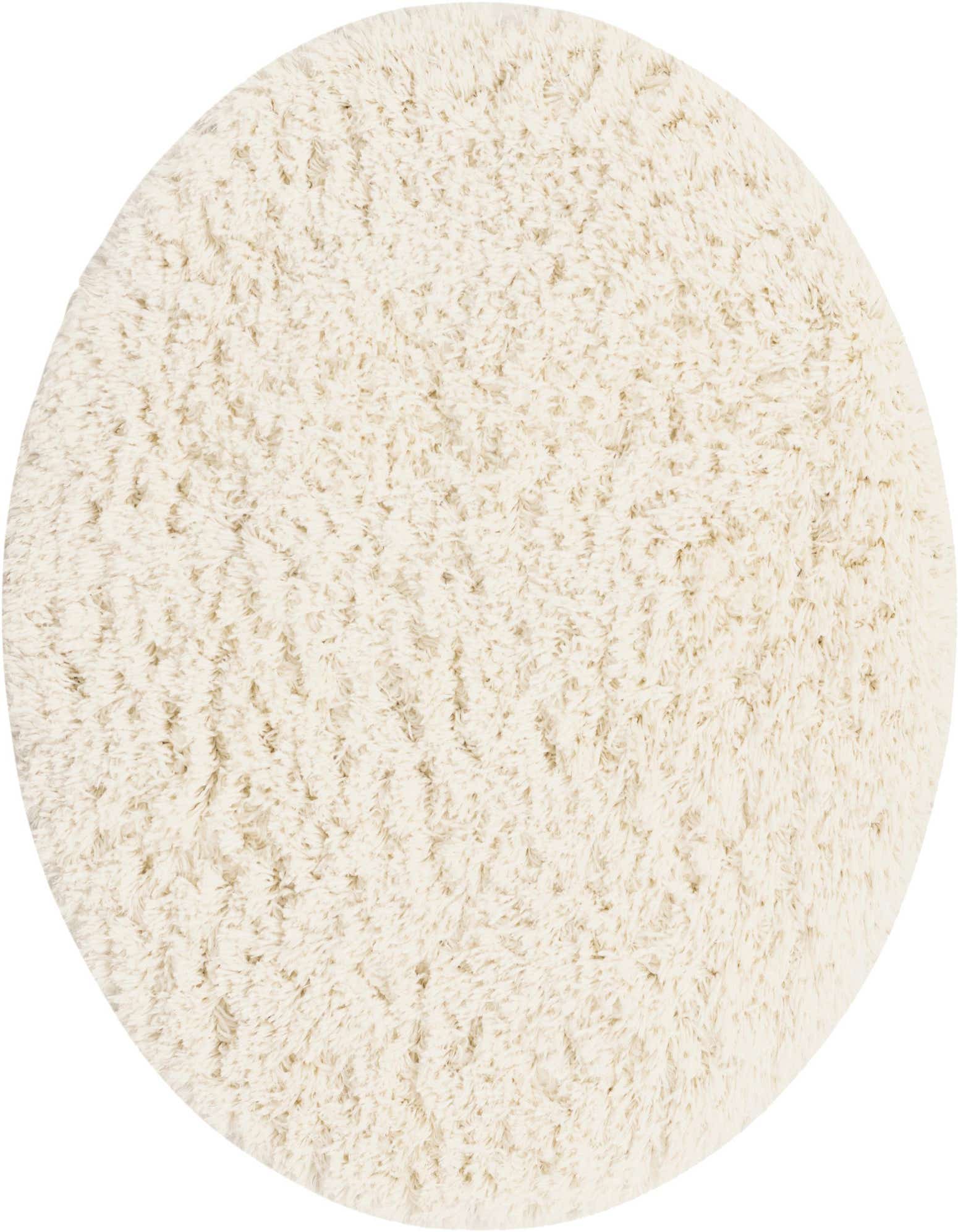 A soft, plush 4' round ivory shag rug with a textured pile, perfect for a cozy living room or bedroom.