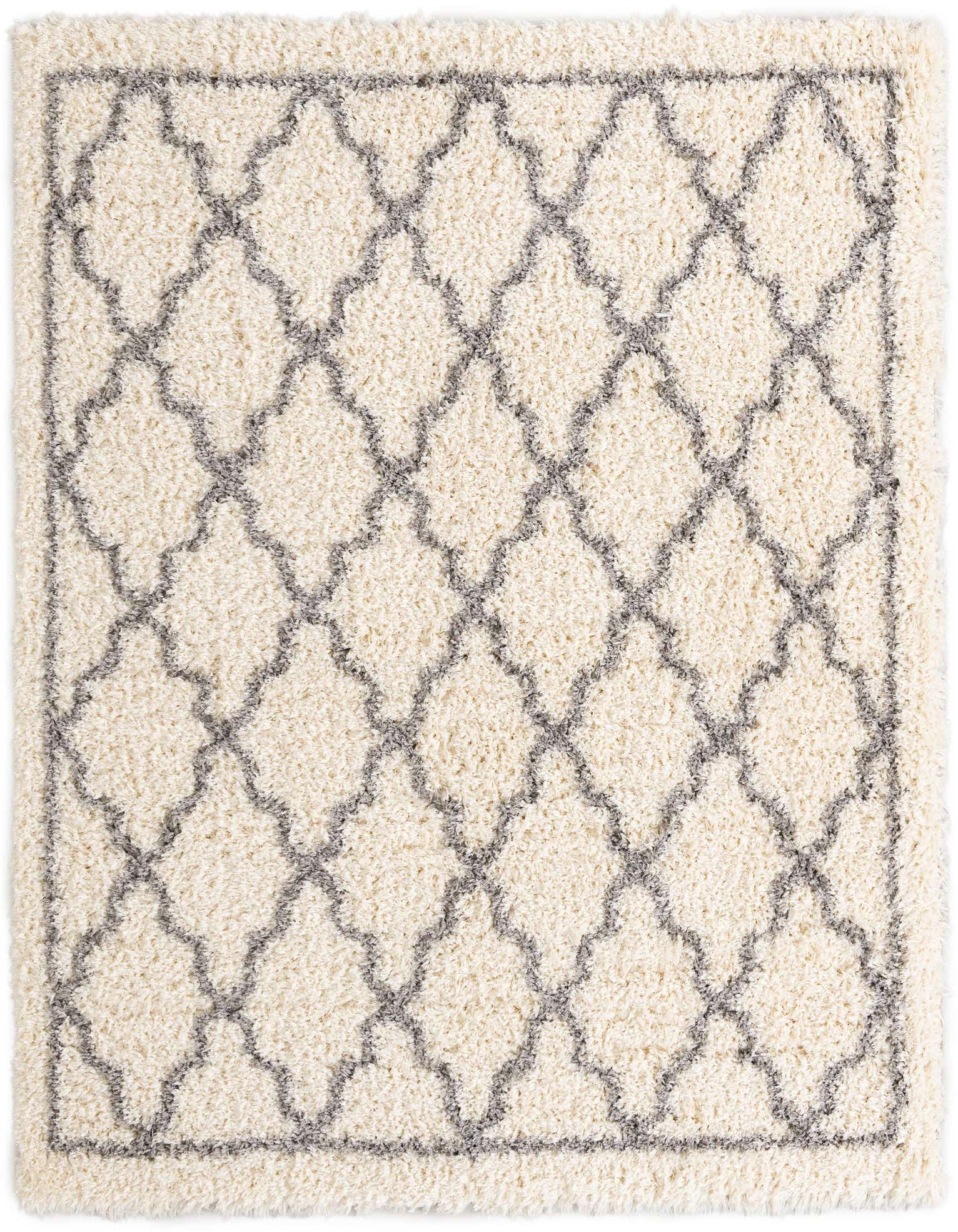A soft, plush 8'x8' square ivory shag rug with a modern gray geometric trellis pattern, perfect for a living room or bedroom.
