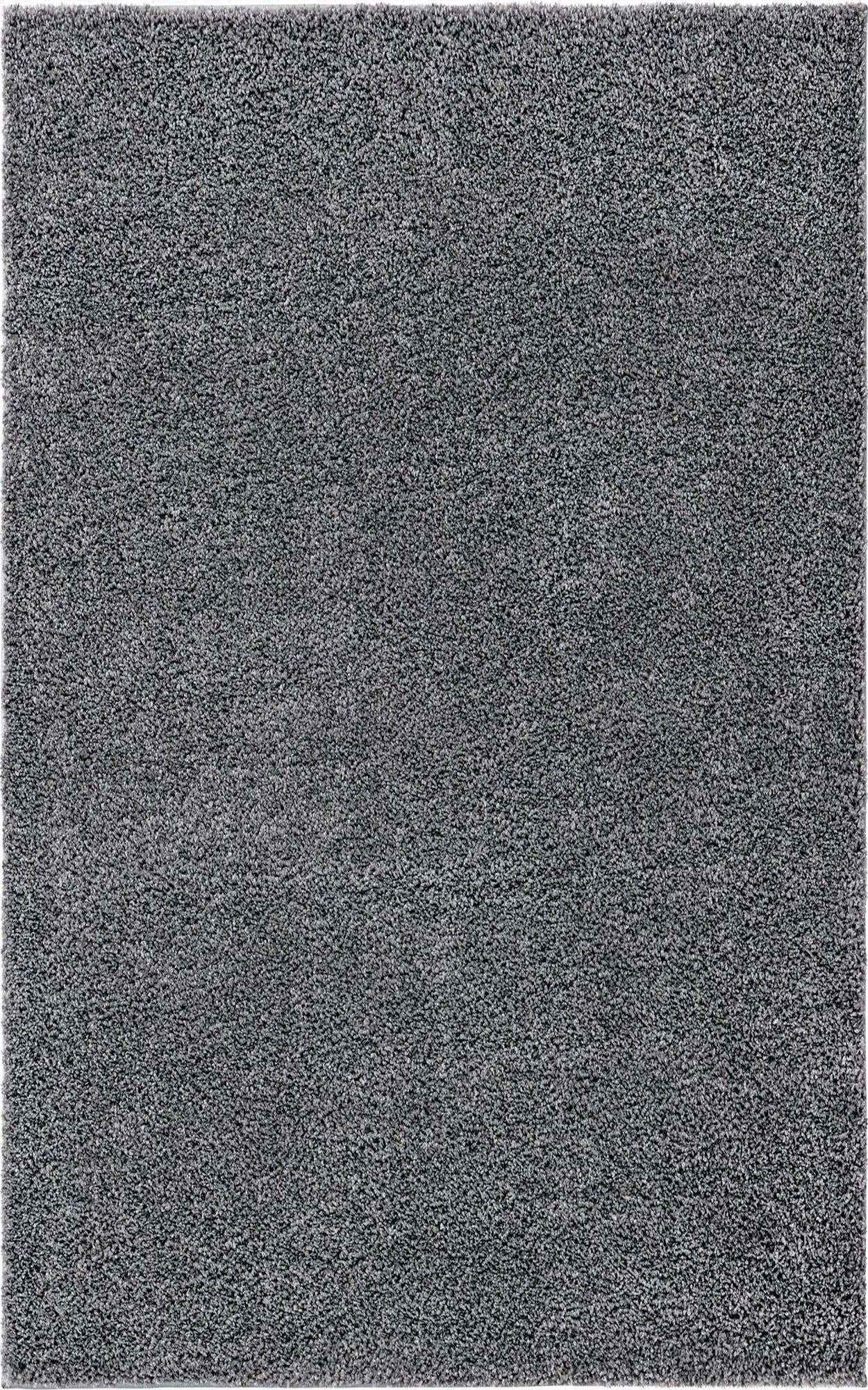 A rectangular 5x8 gray shag area rug with a textured pile, ideal for a modern living room or bedroom.
