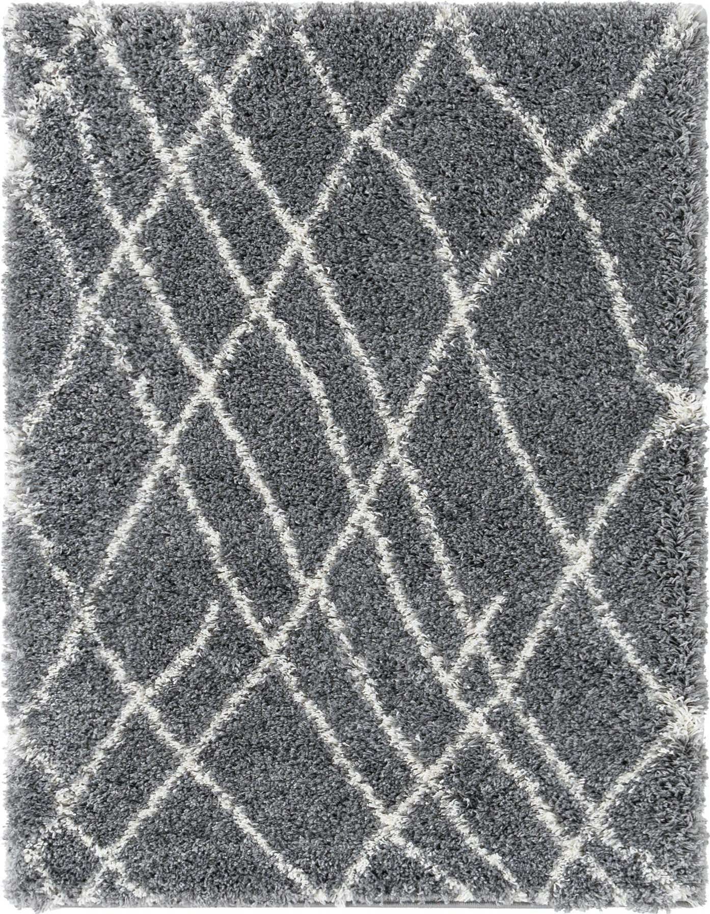 A 4x6 rectangular gray shag rug with a white diamond trellis pattern, ideal for a modern living room.