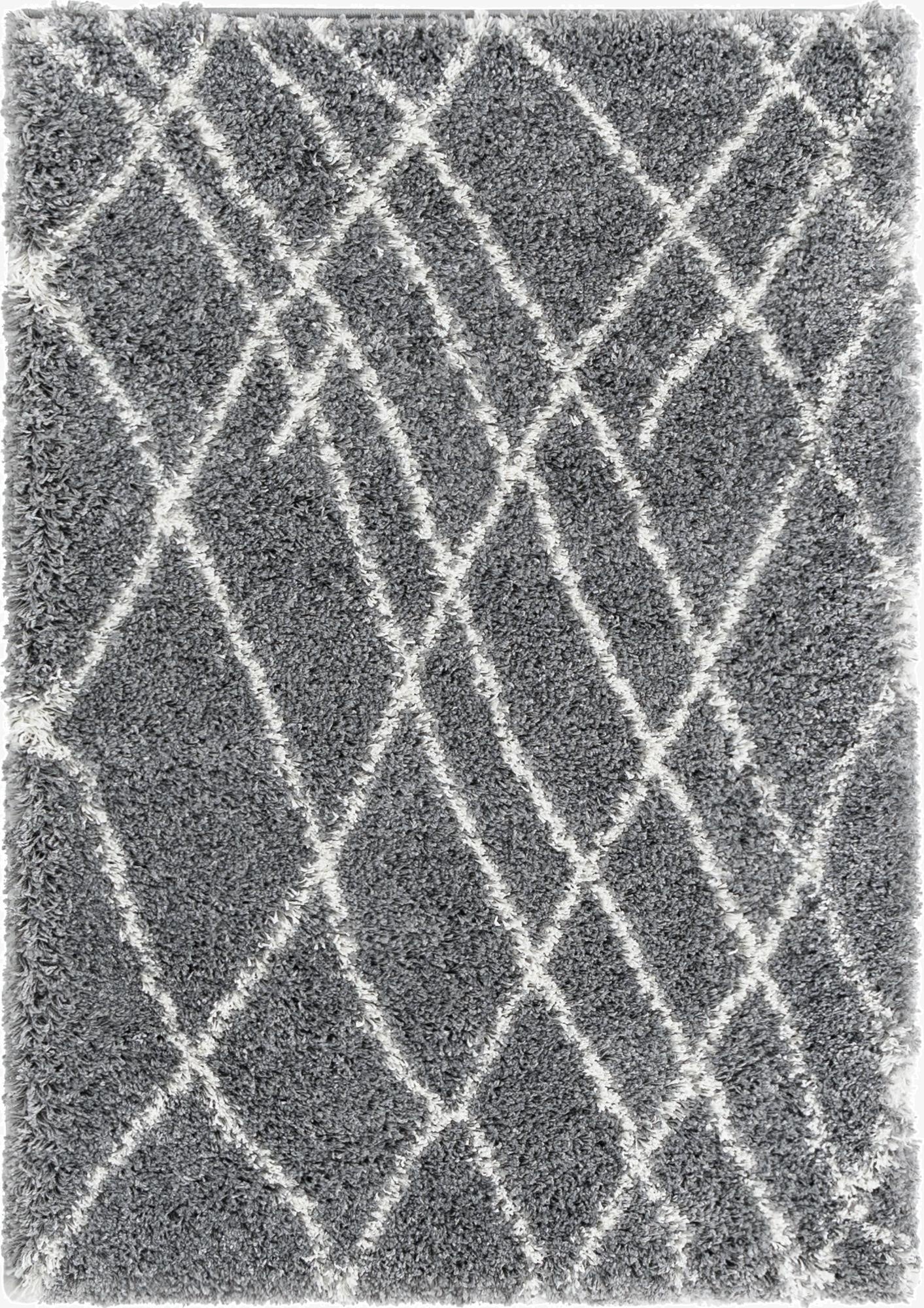 A 2x3 rectangular gray shag rug with a white diamond trellis pattern, offering a soft, textured feel.