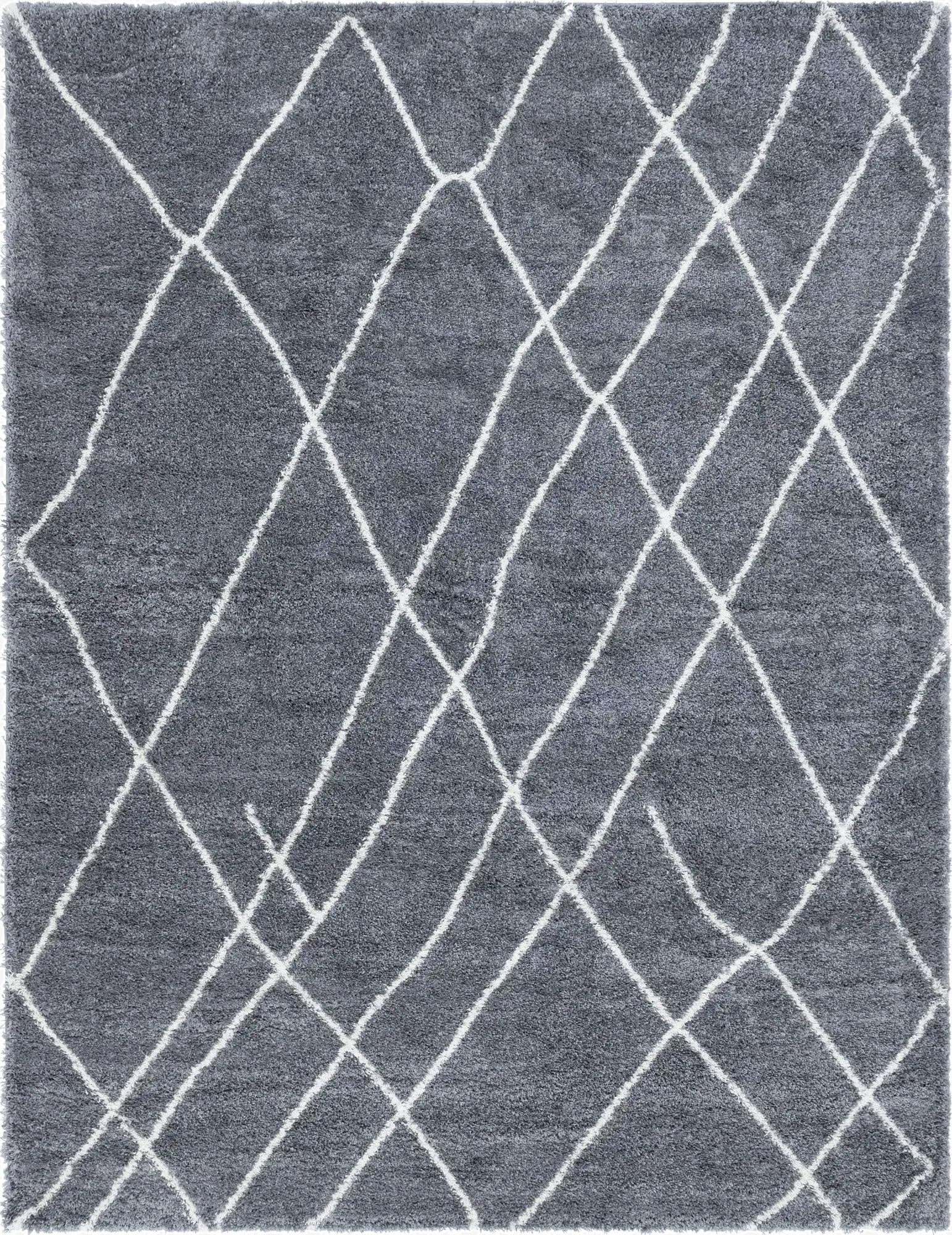A 10x13 rectangular gray shag rug with a white diamond trellis pattern, ideal for a modern living room.