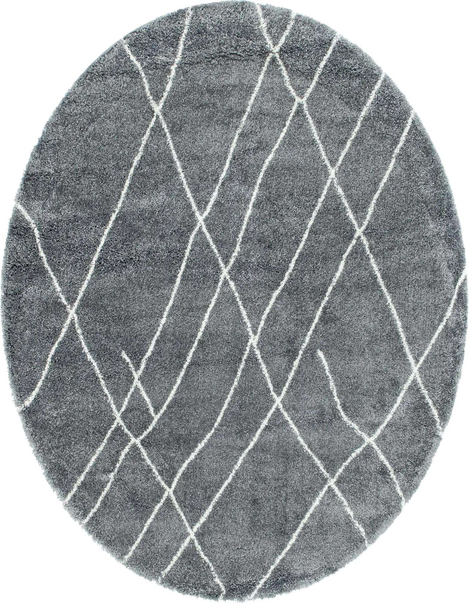 A 7' 10" round gray shag rug with a white diamond trellis pattern, ideal for a modern living space.