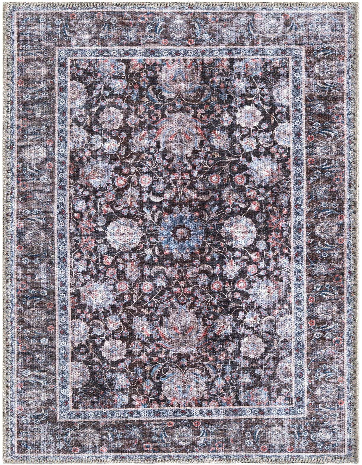 A 2x3 rectangular Rugs.com Yara rug in pecan brown with a distressed floral and bordered pattern.