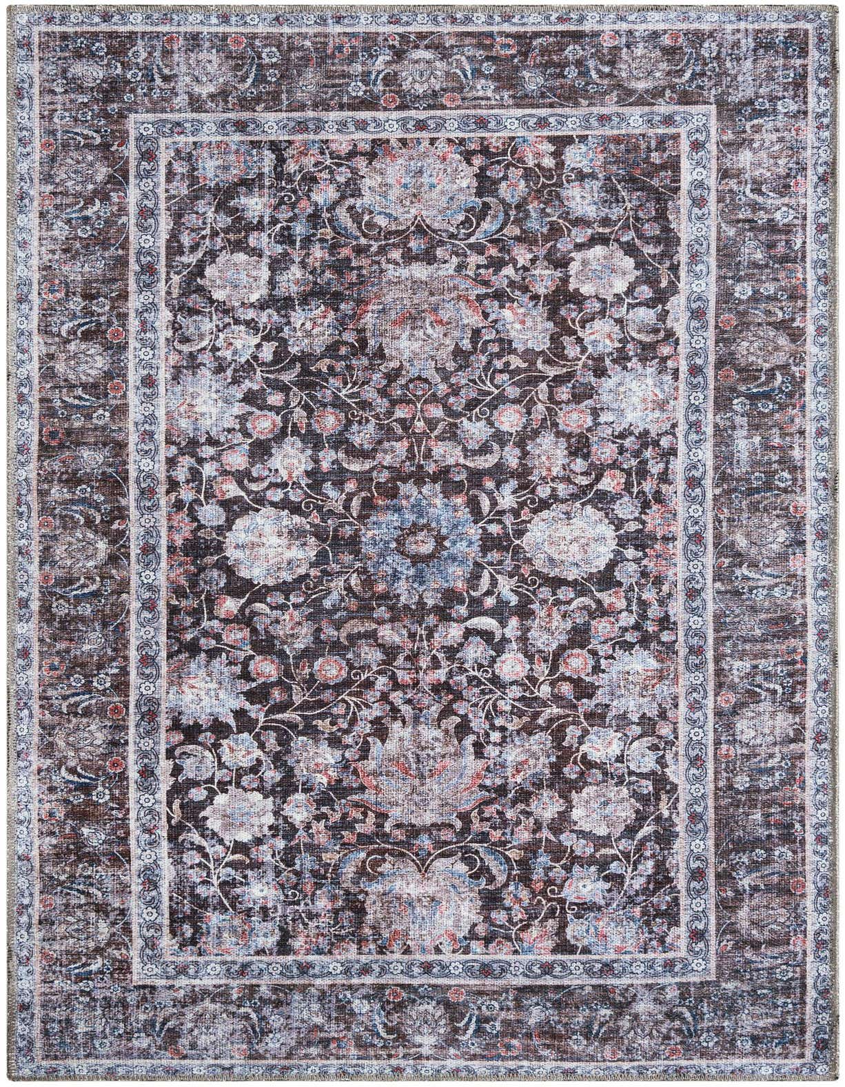 A rectangular 3x5 Pecan Brown rug featuring a distressed floral medallion pattern with hints of blue and red.