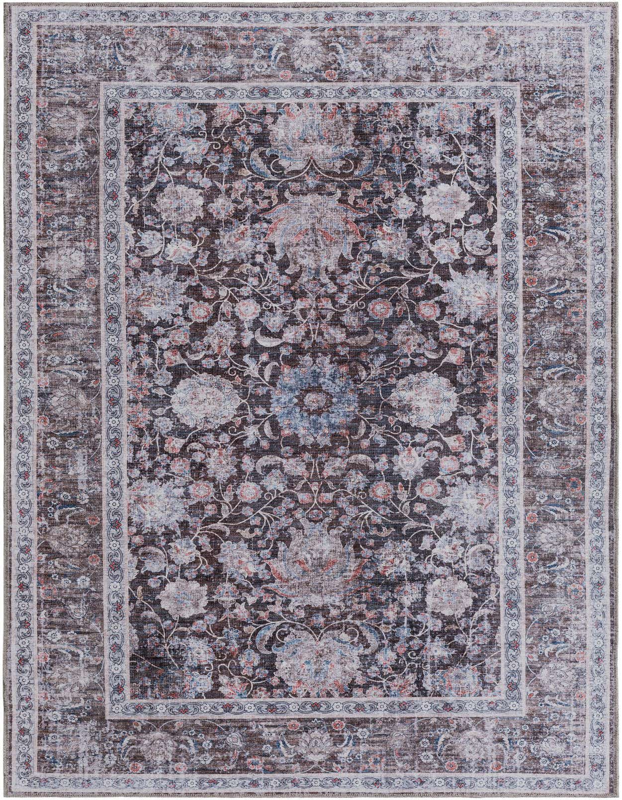 A 5x8 rectangular Yara Collection rug in pecan brown with a distressed traditional floral pattern and light border.