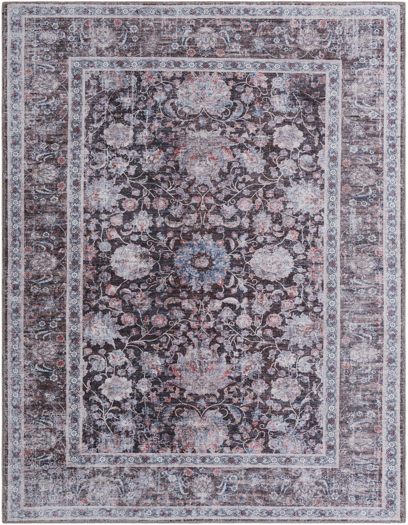 A 6x9 rectangular Pecan Brown area rug with a distressed traditional floral pattern and light border.