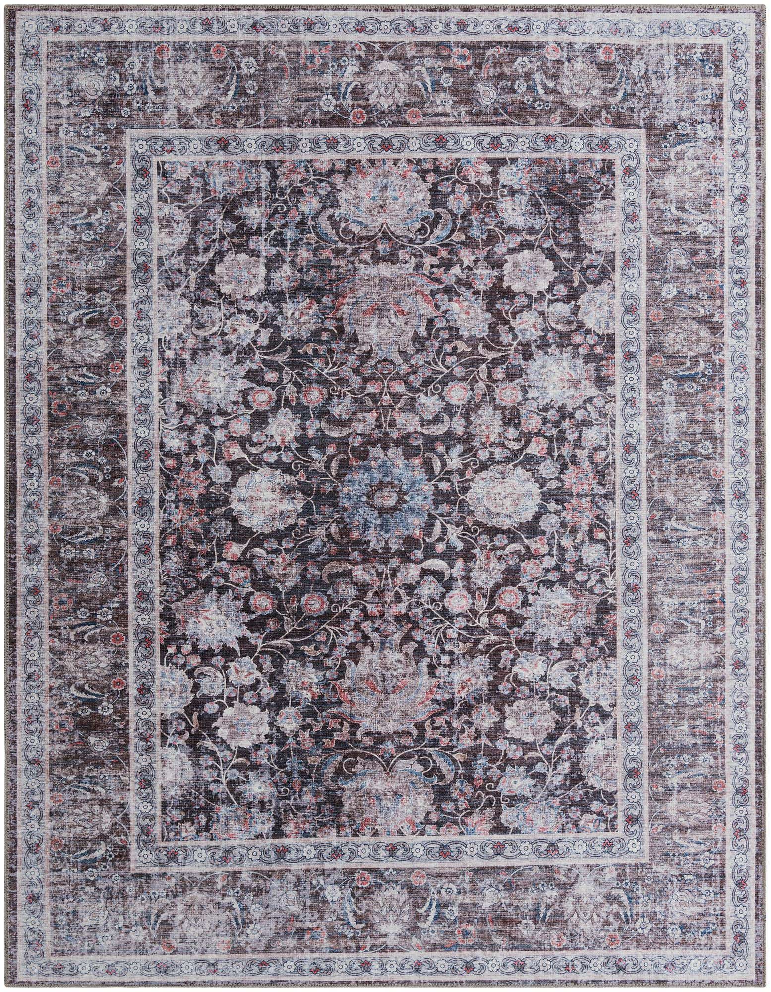 8x10 rectangular Rugs.com Yara rug in pecan brown with an intricate faded floral and medallion pattern.