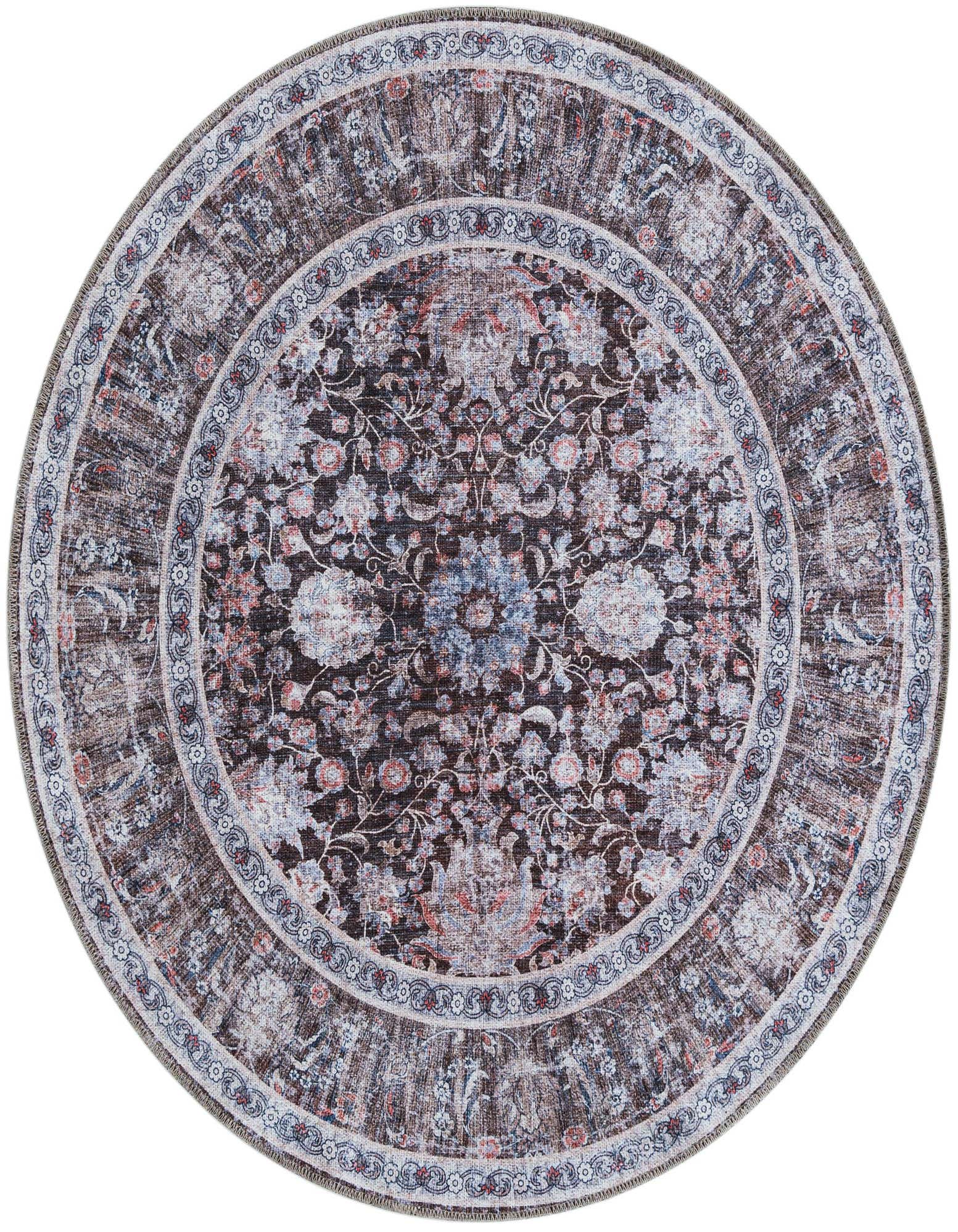 A 4' 0 x 4' 0 round Pecan Brown rug featuring a distressed floral pattern with light blue and red accents, ideal for a patio or indoor space.