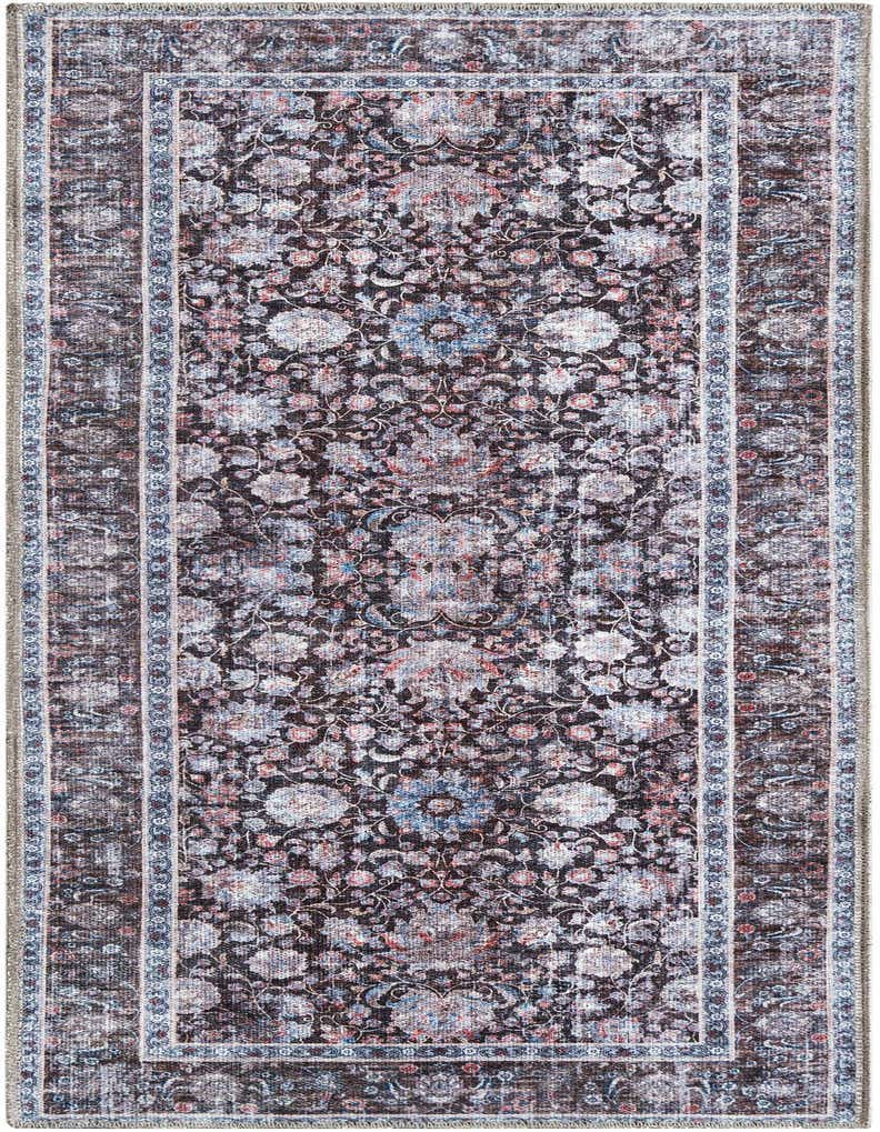 A 5 ft runner rug in pecan brown with a distressed traditional floral pattern and blue and pink accents.