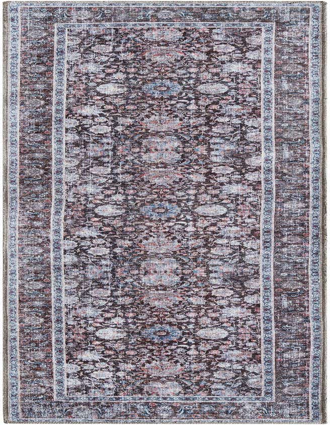 A 6 ft runner rug in pecan brown with a distressed floral pattern and light blue and white accents, ideal for a hallway.