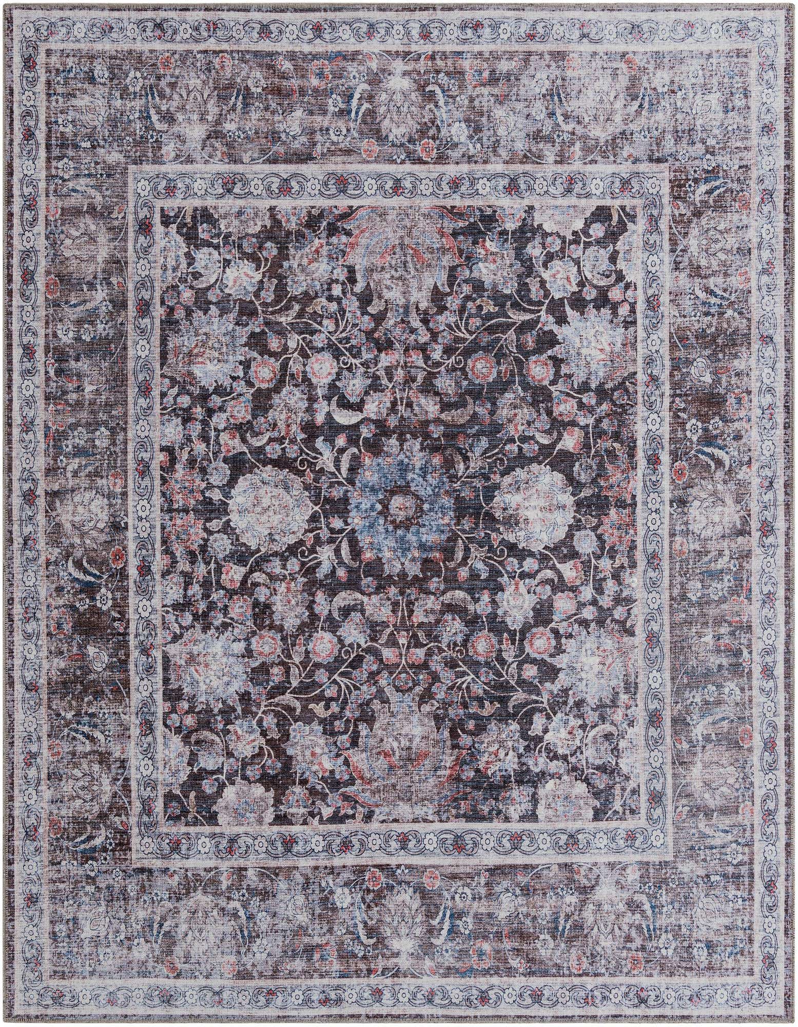A 7' 10 x 7' 10 square Pecan Brown rug featuring a distressed floral medallion pattern with light blue and red accents, framed by an ornate border.