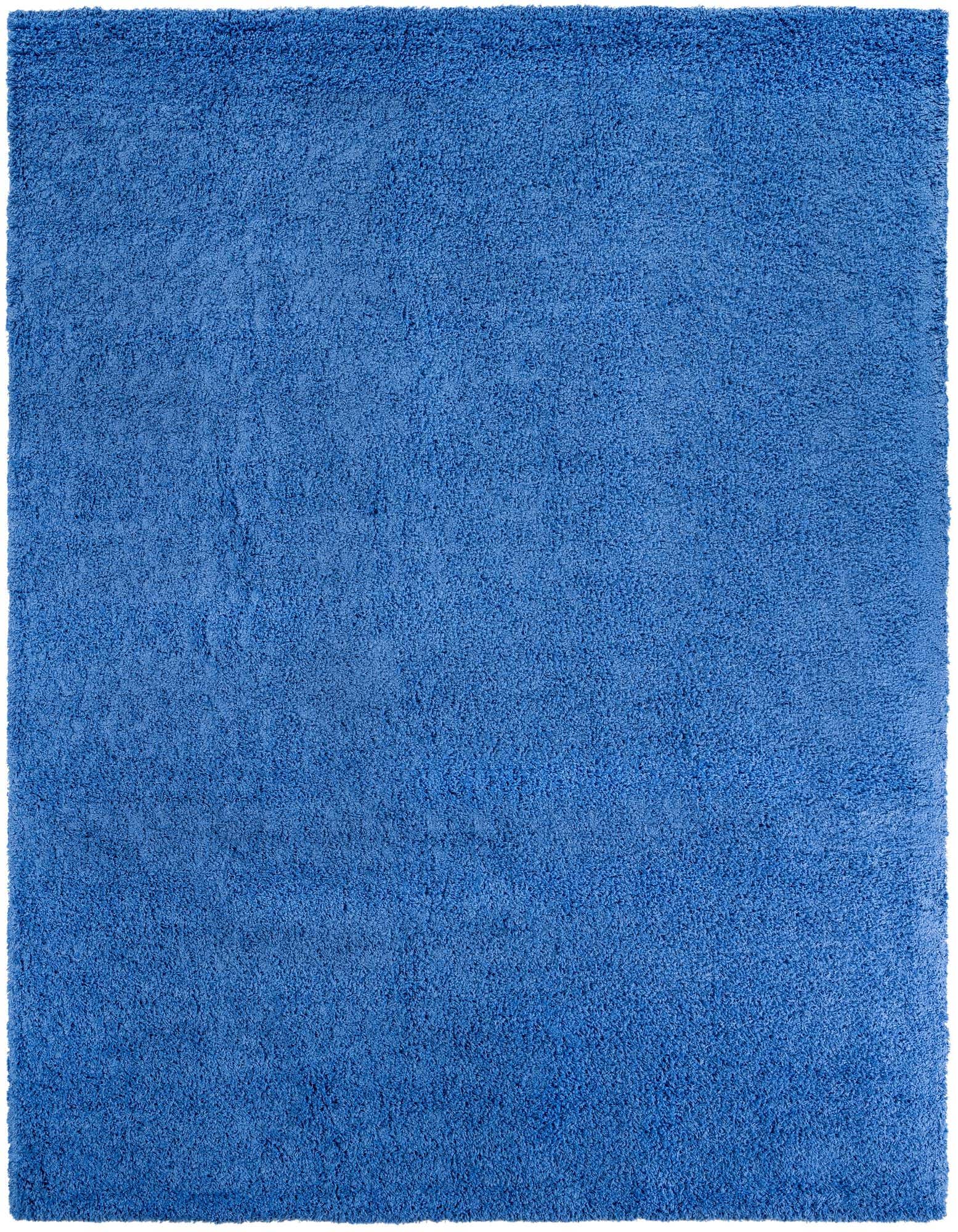 A large 10x13 rectangular blue shag rug with a plush, textured pile, perfect for a modern living room or bedroom.