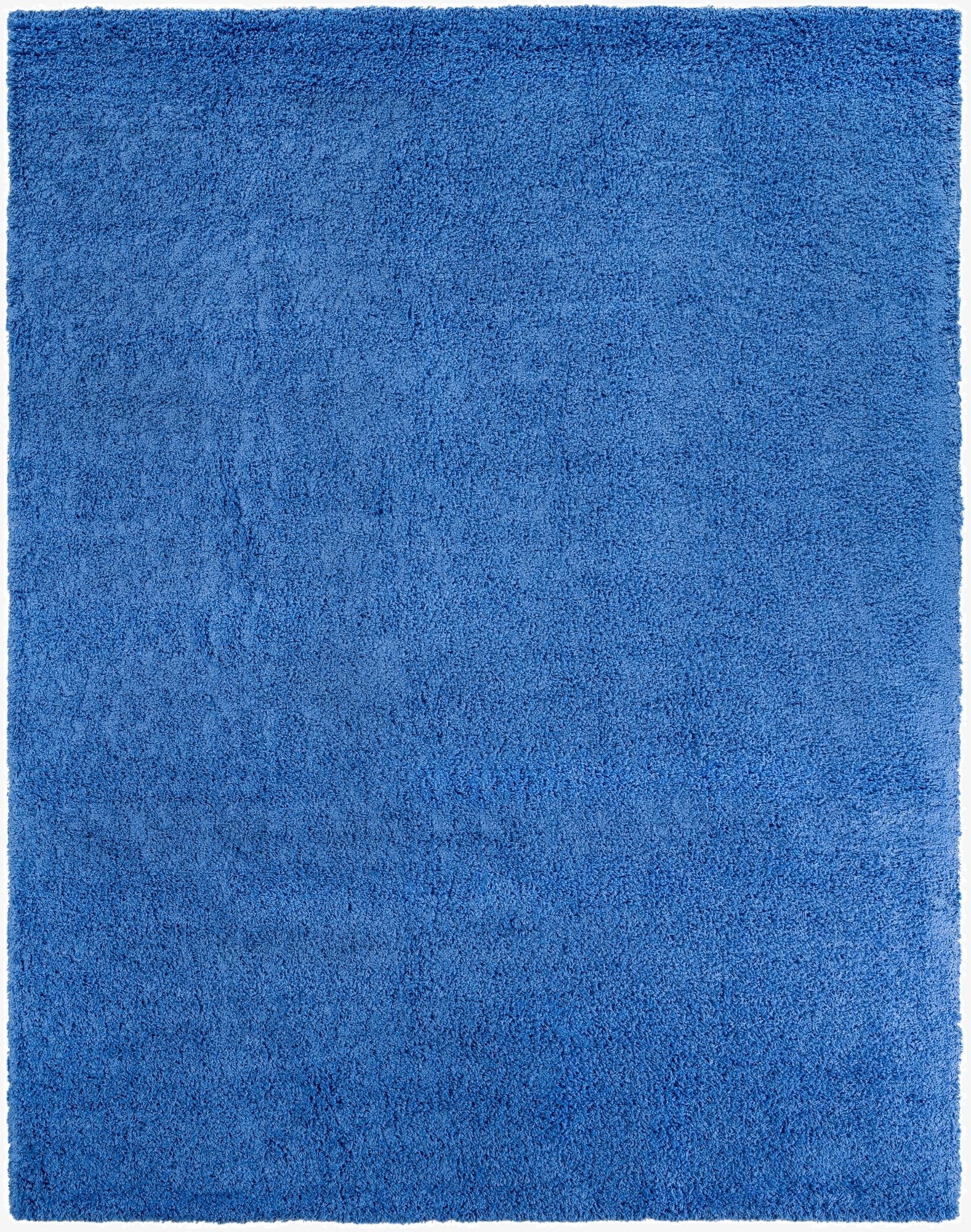 A large 10x13 rectangular blue shag rug with a plush, textured pile, perfect for a modern living room or bedroom.