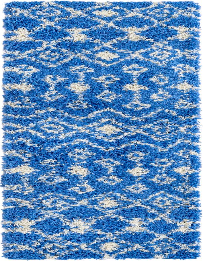 A 6 ft runner rug with a plush blue shag pile and an off-white modern trellis pattern, ideal for hallways.