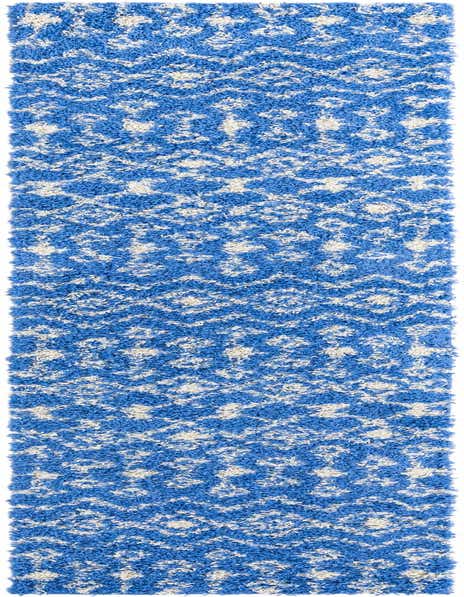 A long 12 ft blue and white shag runner rug with a tribal, modern pattern, ideal for a hallway.