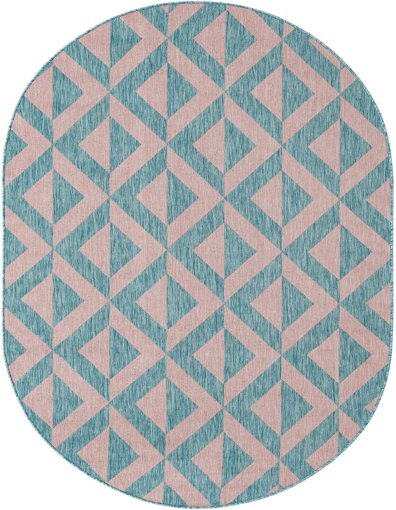 An oval 5'3" x 8'0" Jill Zarin Outdoor rug featuring a modern trellis pattern in pink and aqua, ideal for a patio.