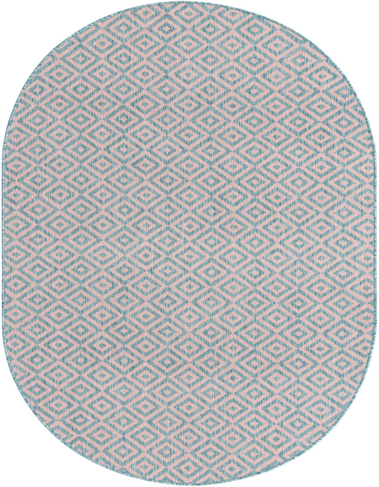 A 5'3" x 8'0" oval Jill Zarin Outdoor rug in pink and aqua with a modern trellis pattern, suitable for indoor or outdoor use.
