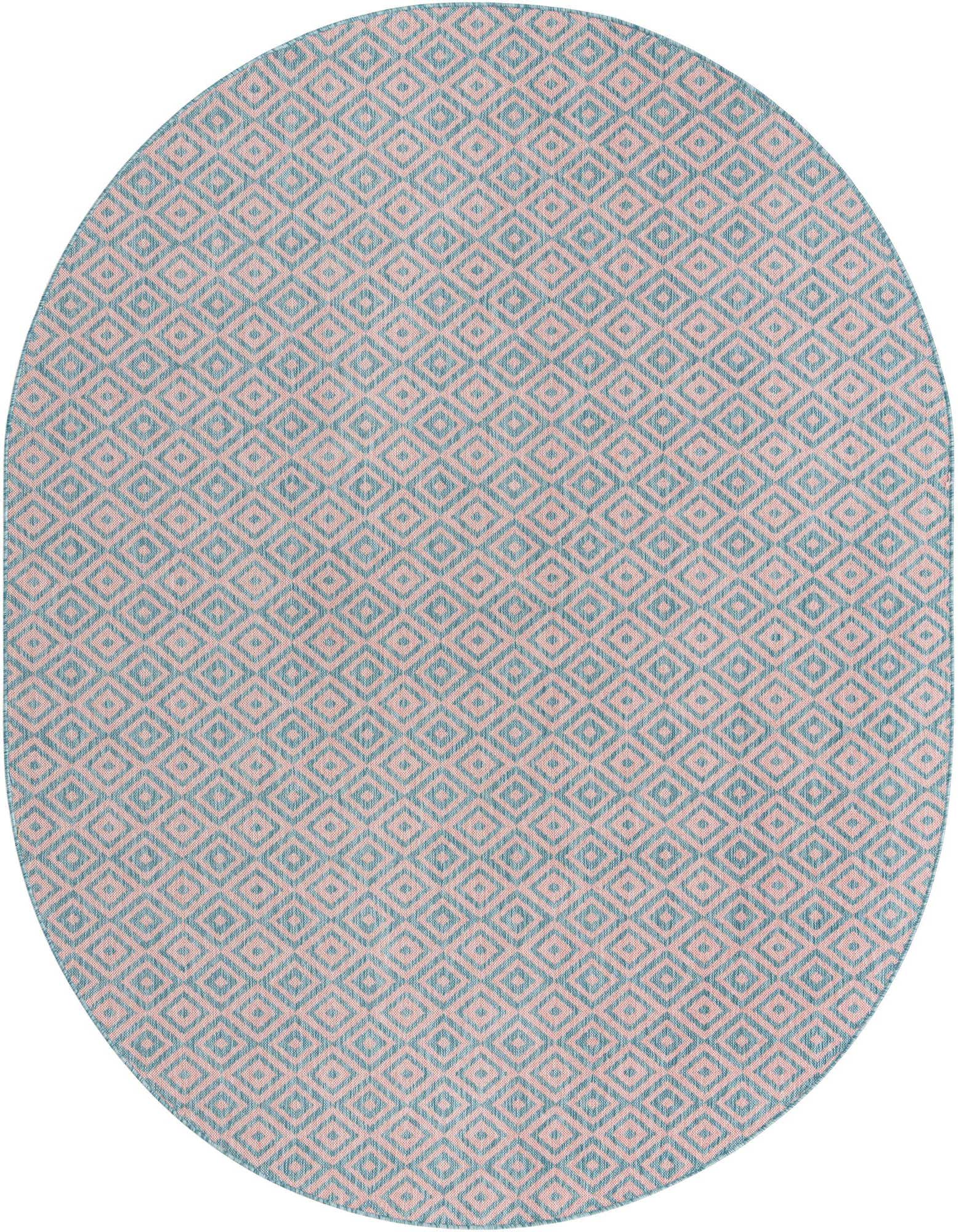 A 7' 10 x 10' 0 oval indoor/outdoor rug with a pink background and an aqua trellis pattern.
