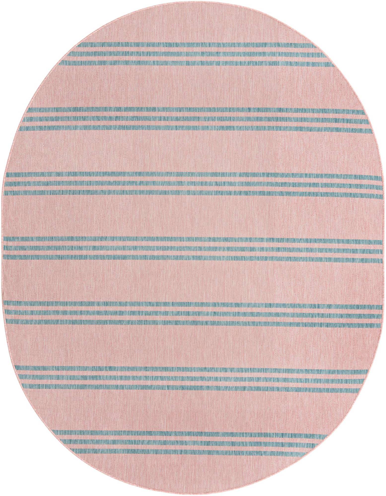 An oval pink and aqua striped outdoor rug, featuring thin aqua horizontal lines across a pink background.