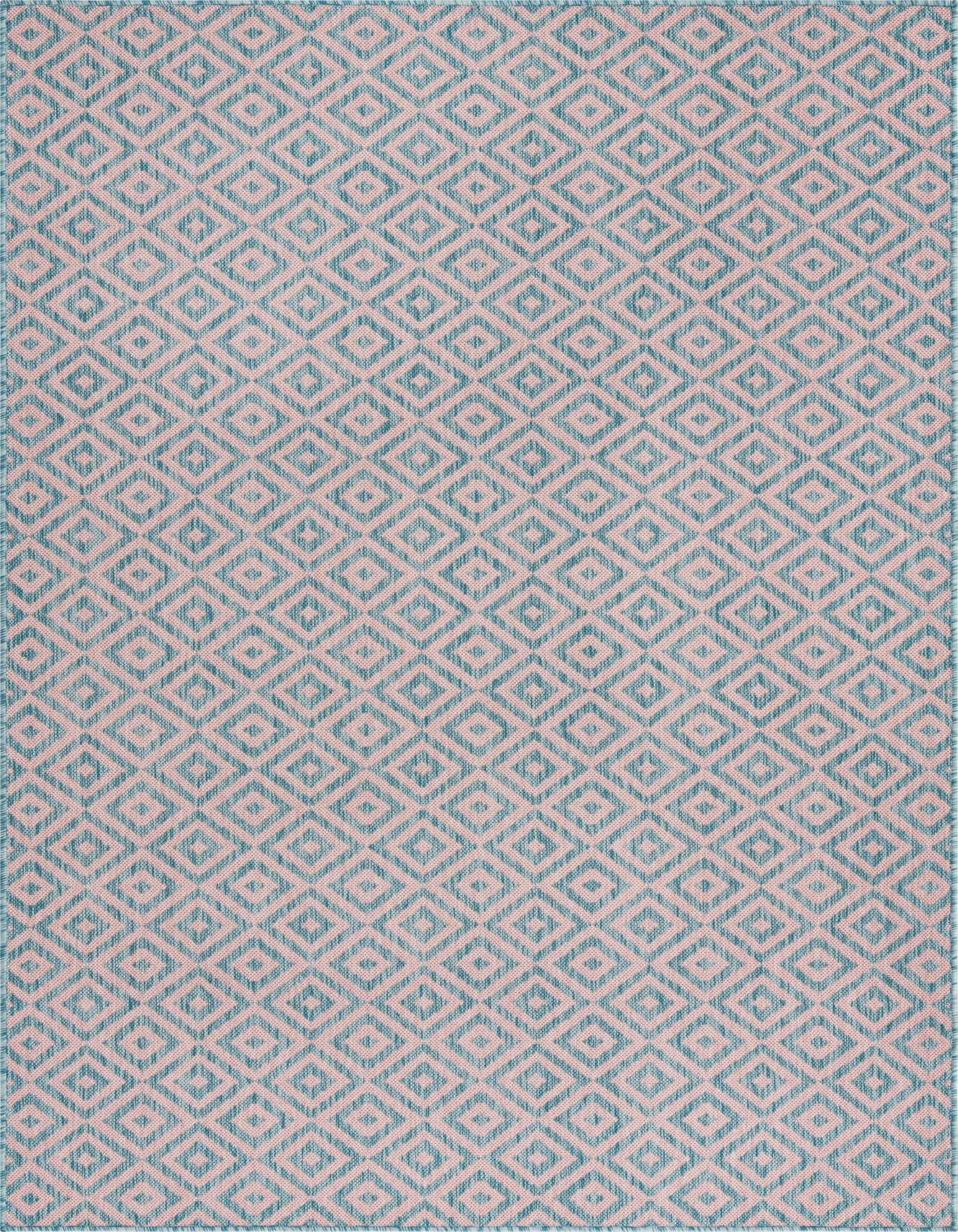 A 5x8 rectangular indoor/outdoor rug featuring a repeating diamond trellis pattern in pink and aqua blue.