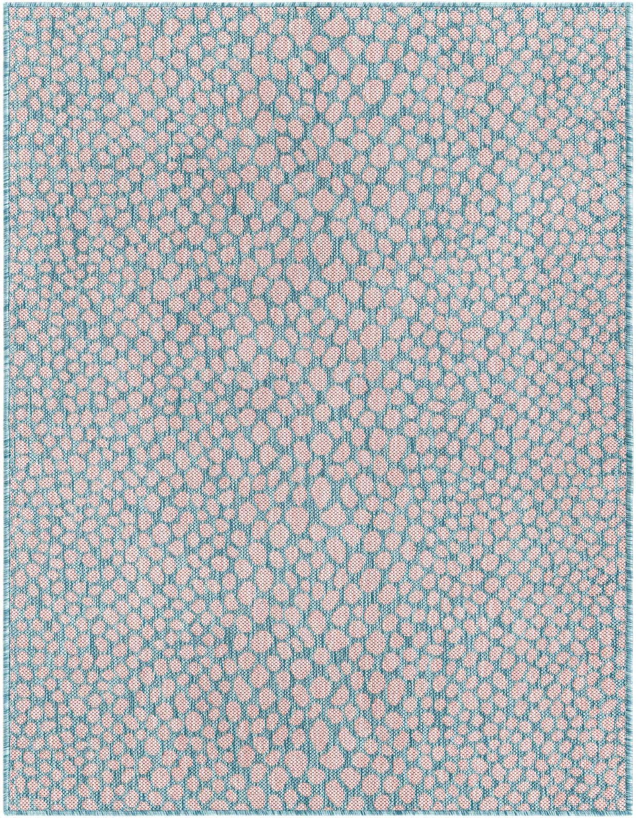A 3x5 rectangular Jill Zarin Outdoor rug featuring a modern pink and aqua pebble-like pattern, suitable for indoor/outdoor use.