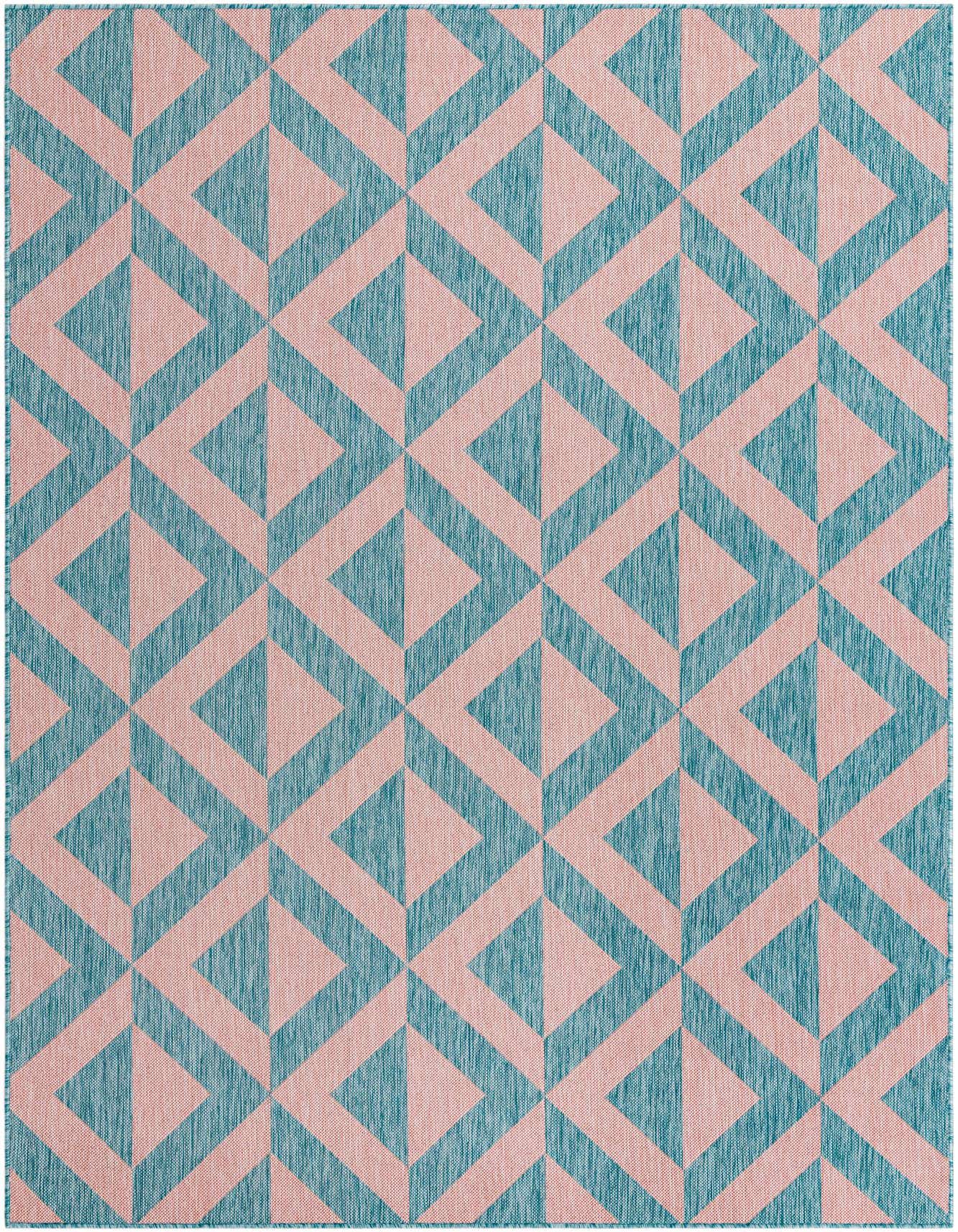 A 6x9 rectangular indoor/outdoor rug featuring a modern geometric trellis pattern in pink and aqua blue, ideal for a patio or living room.