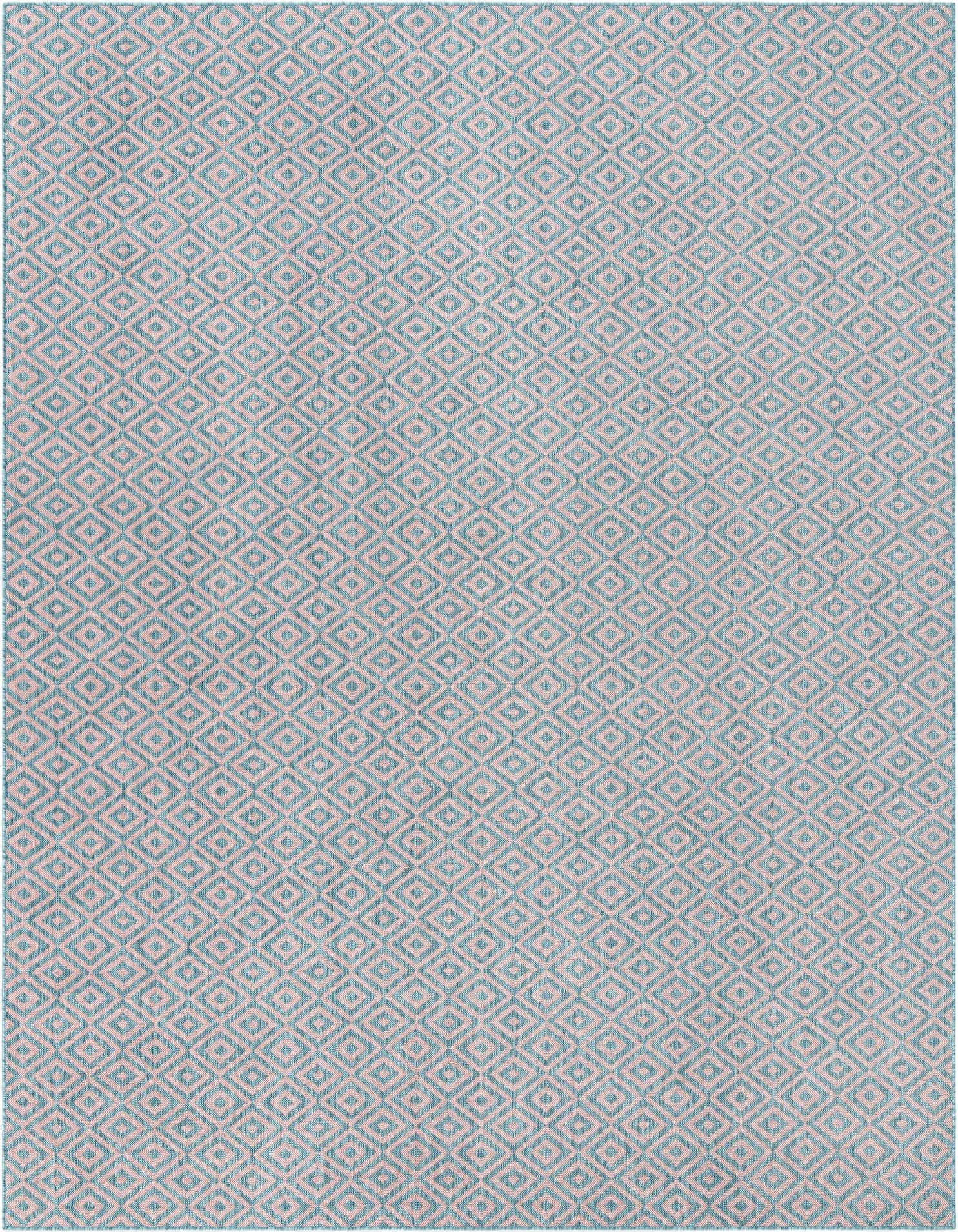 A 9x12 rectangular Jill Zarin Outdoor rug featuring a repeating pink and aqua trellis pattern, ideal for indoor or outdoor spaces.