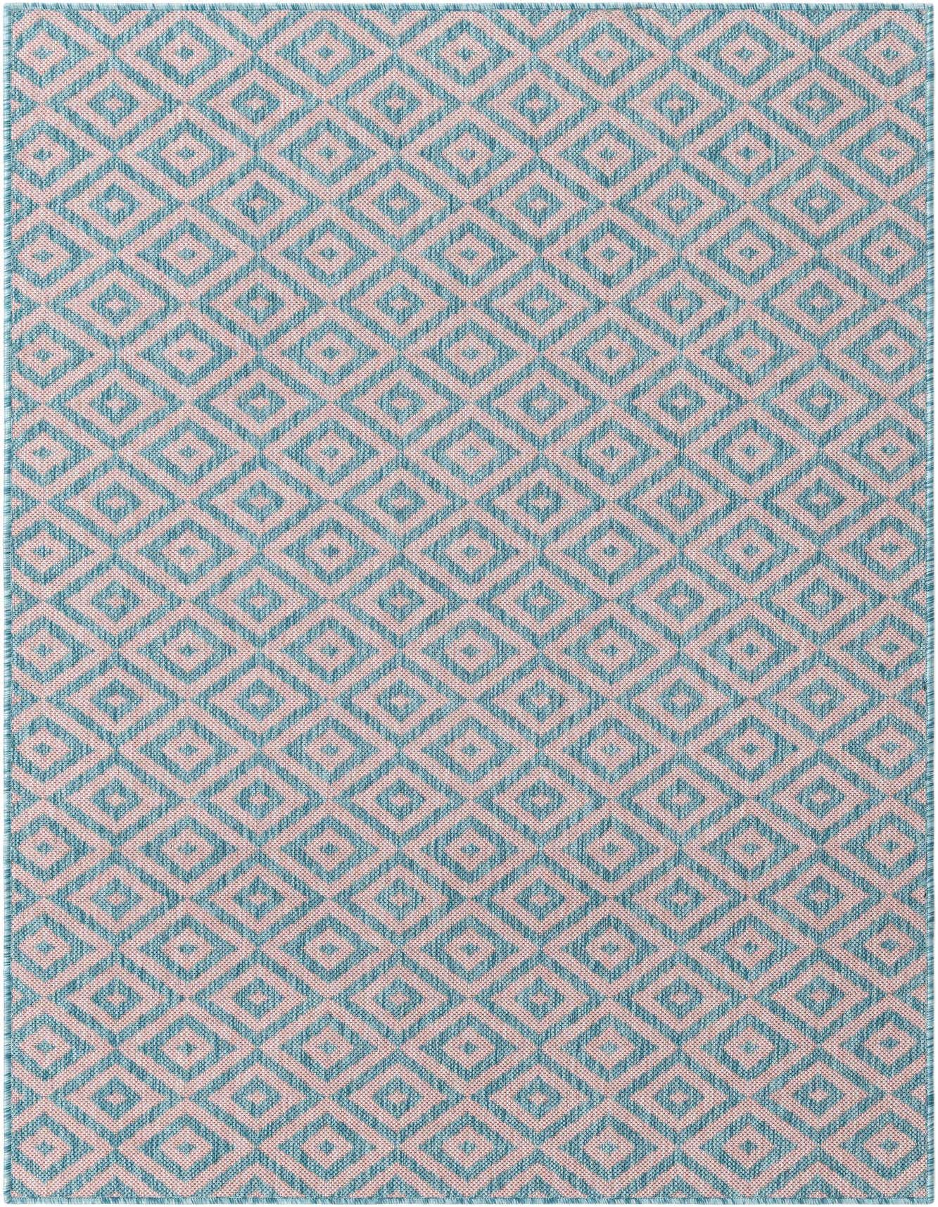 A 4x6 rectangular indoor/outdoor rug featuring a repeating pink and aqua trellis pattern, ideal for a patio or living room.