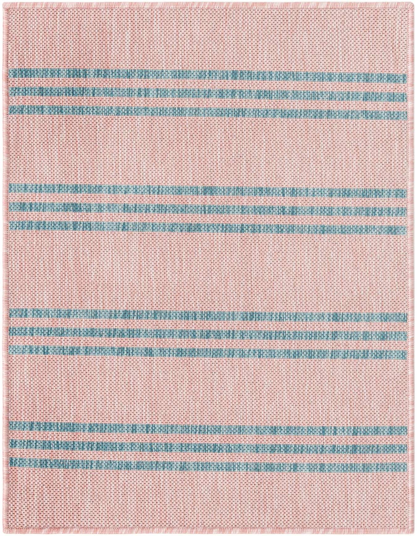 A 2x3 rectangular Jill Zarin Outdoor rug featuring a pink background with horizontal aqua stripes, suitable for indoor or outdoor spaces.