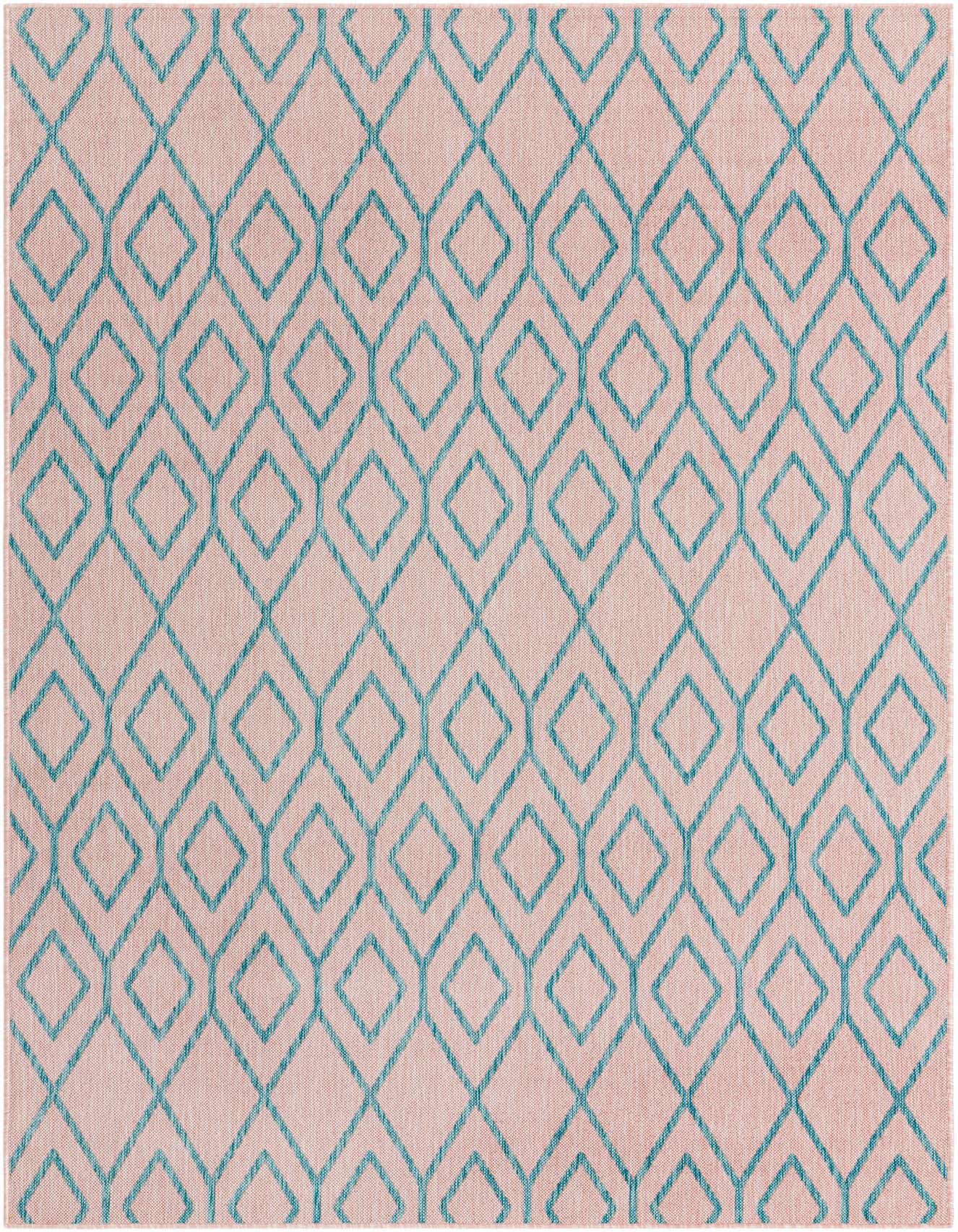 A 6x9 rectangular pink and aqua modern trellis rug with a textured flatweave pile, suitable for indoor/outdoor use.