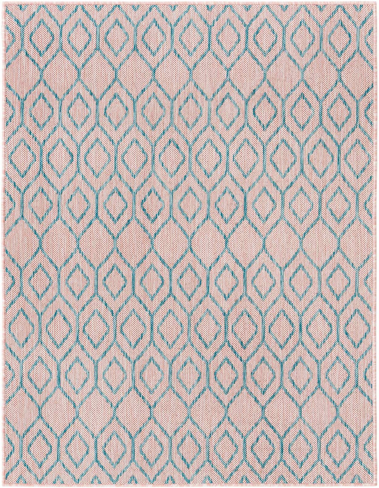 A 3x5 rectangular Jill Zarin Outdoor rug featuring a modern aqua trellis pattern on a pink background.