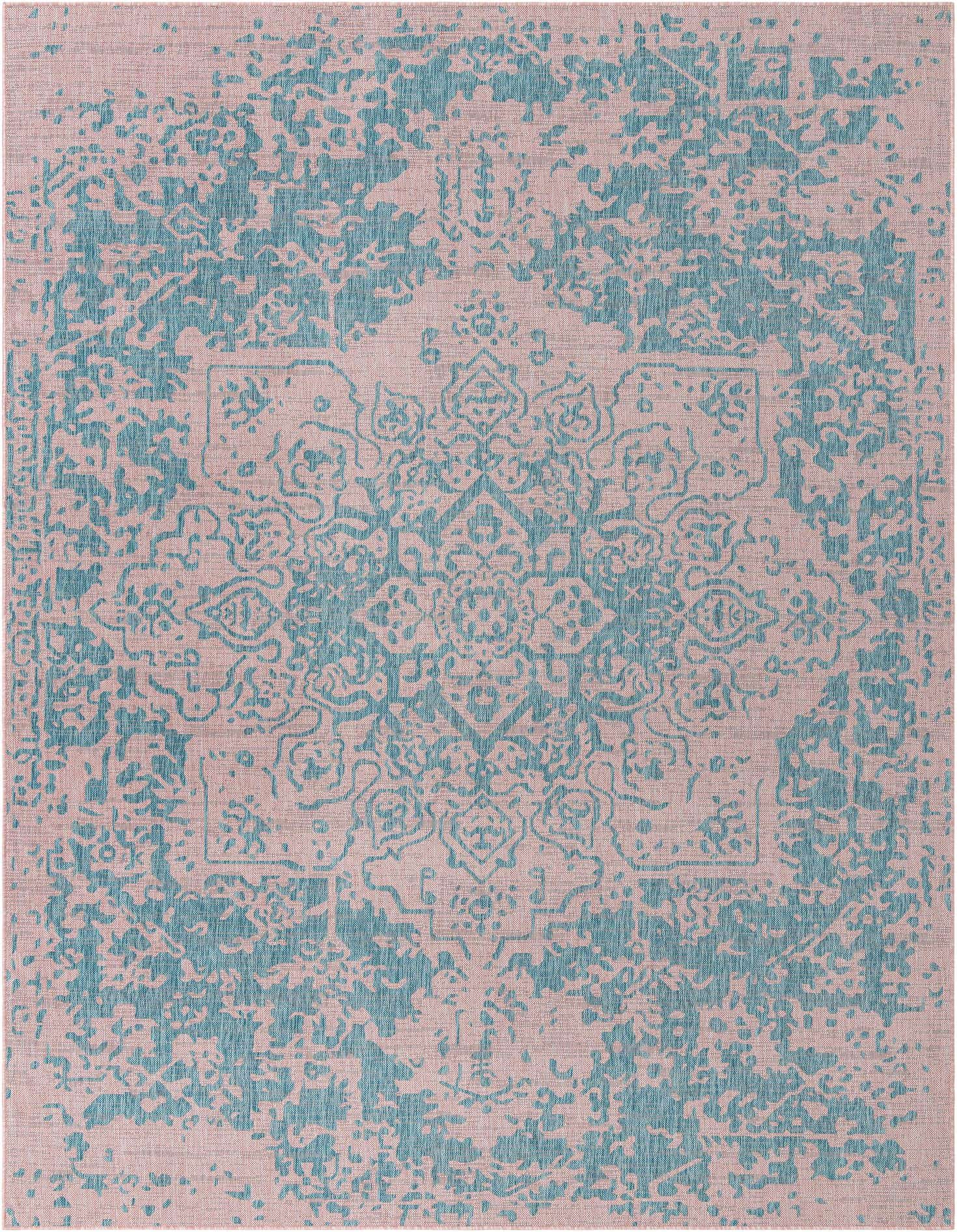 A 9x12 rectangular indoor/outdoor rug featuring a distressed traditional medallion pattern in pink and aqua.