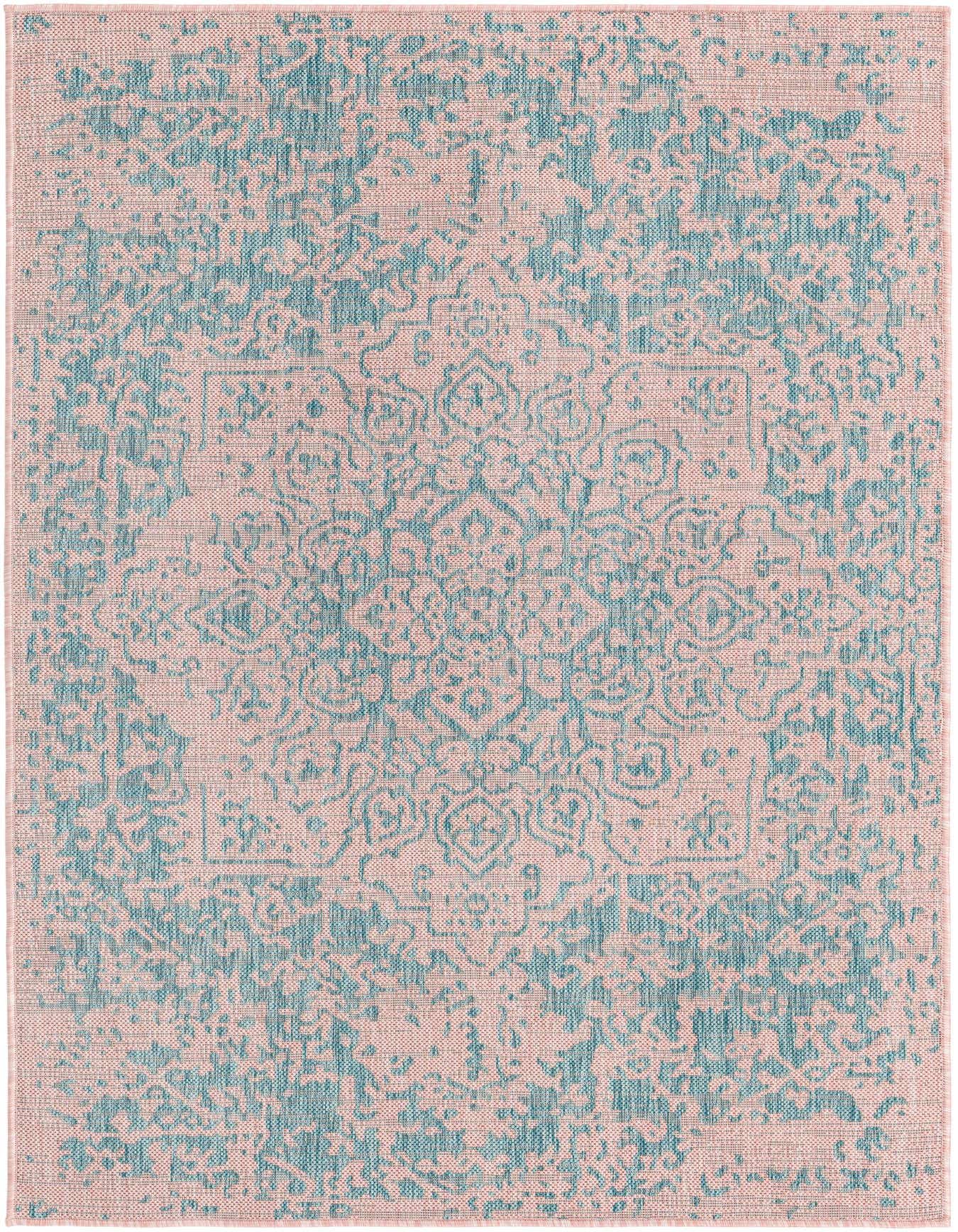 A 4x6 rectangular indoor/outdoor rug featuring a distressed traditional medallion pattern in pink and aqua.