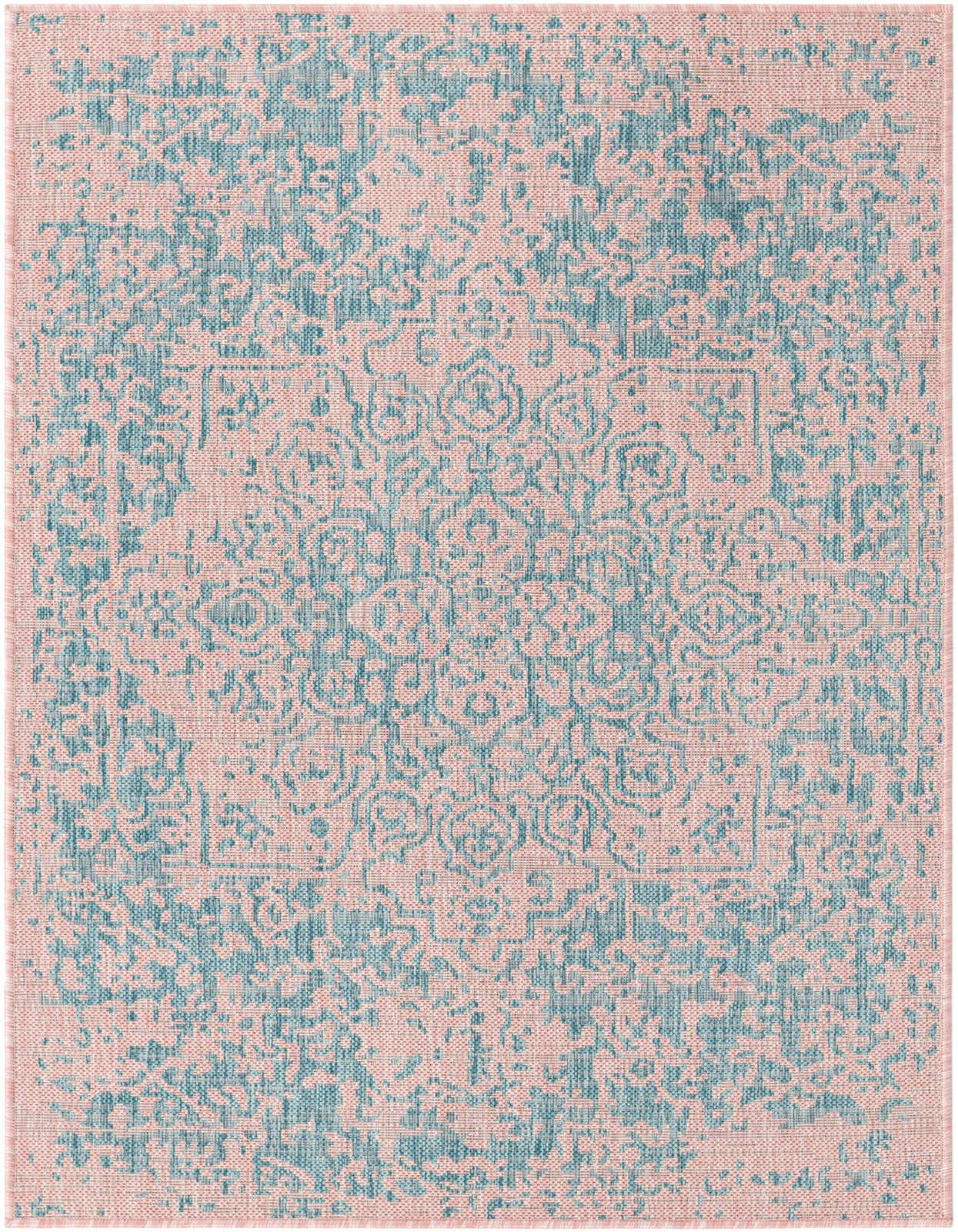 A 3x5 rectangular pink and aqua indoor/outdoor rug with a distressed traditional medallion pattern.
