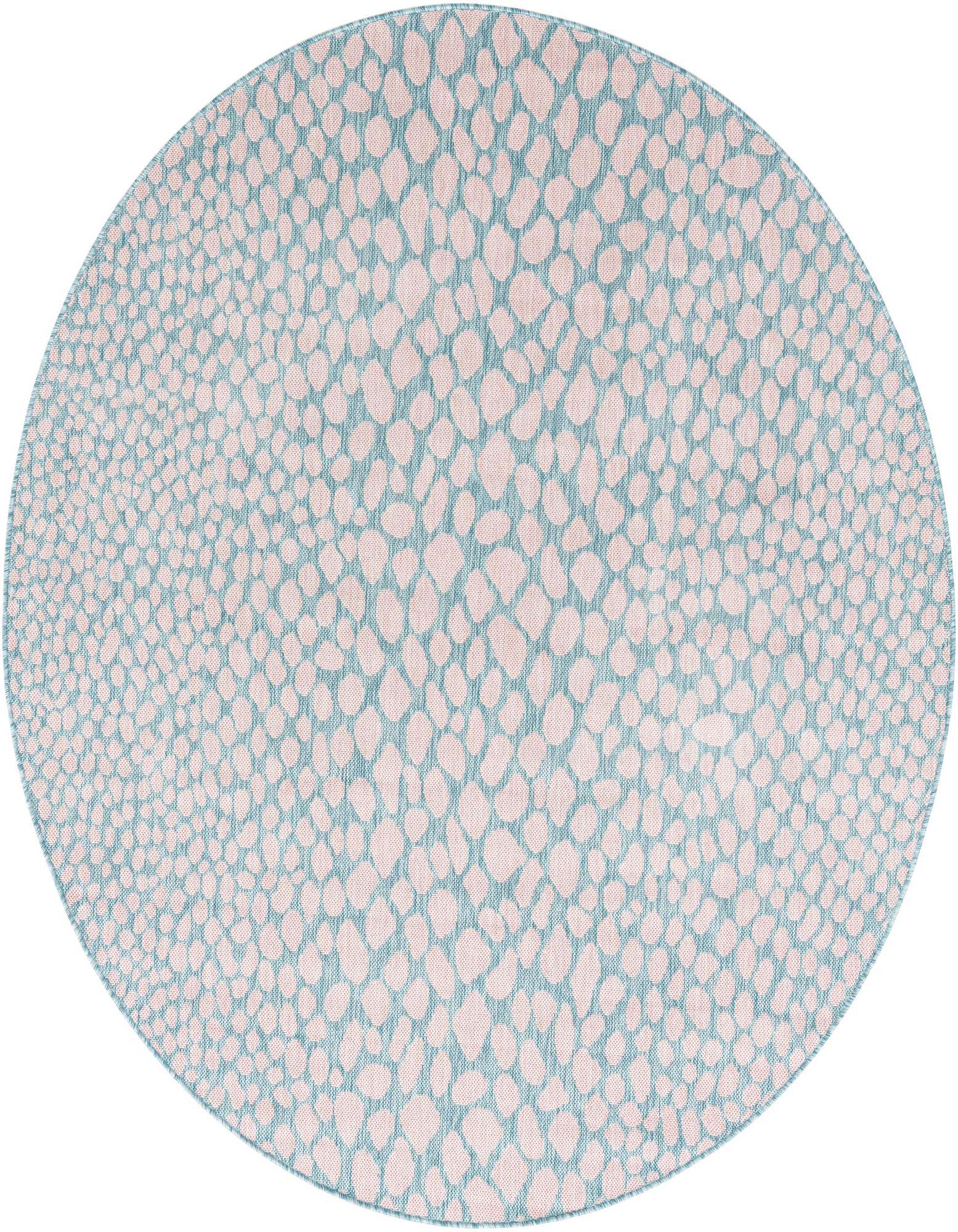 A round pink and aqua modern rug with a subtle medallion pattern, suitable for indoor or outdoor spaces.