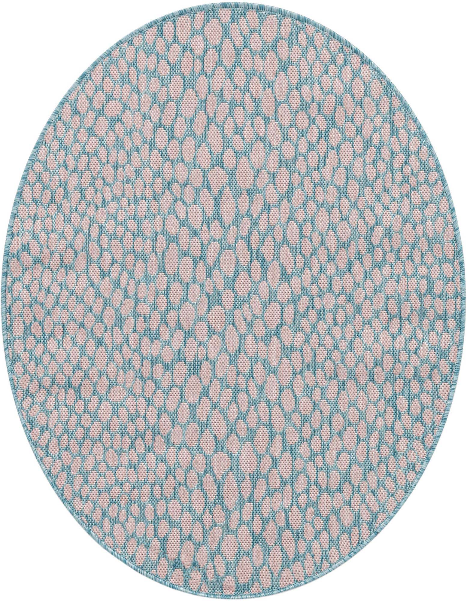 A 3' round indoor/outdoor rug with a modern abstract pattern in pink and aqua, featuring a textured flatweave.