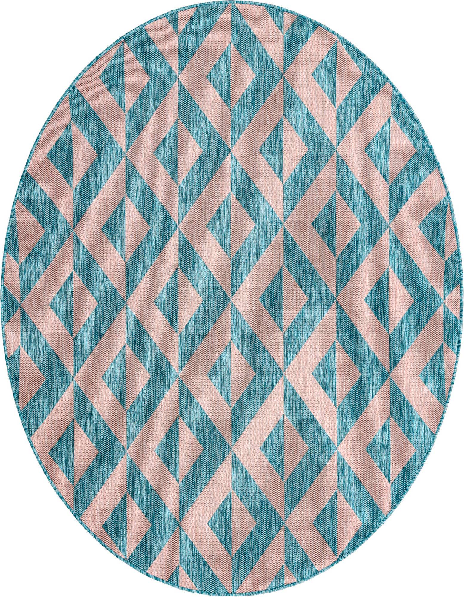 A round 7' 0 x 7' 0 Jill Zarin Outdoor rug featuring a repeating geometric trellis pattern in pink and aqua.
