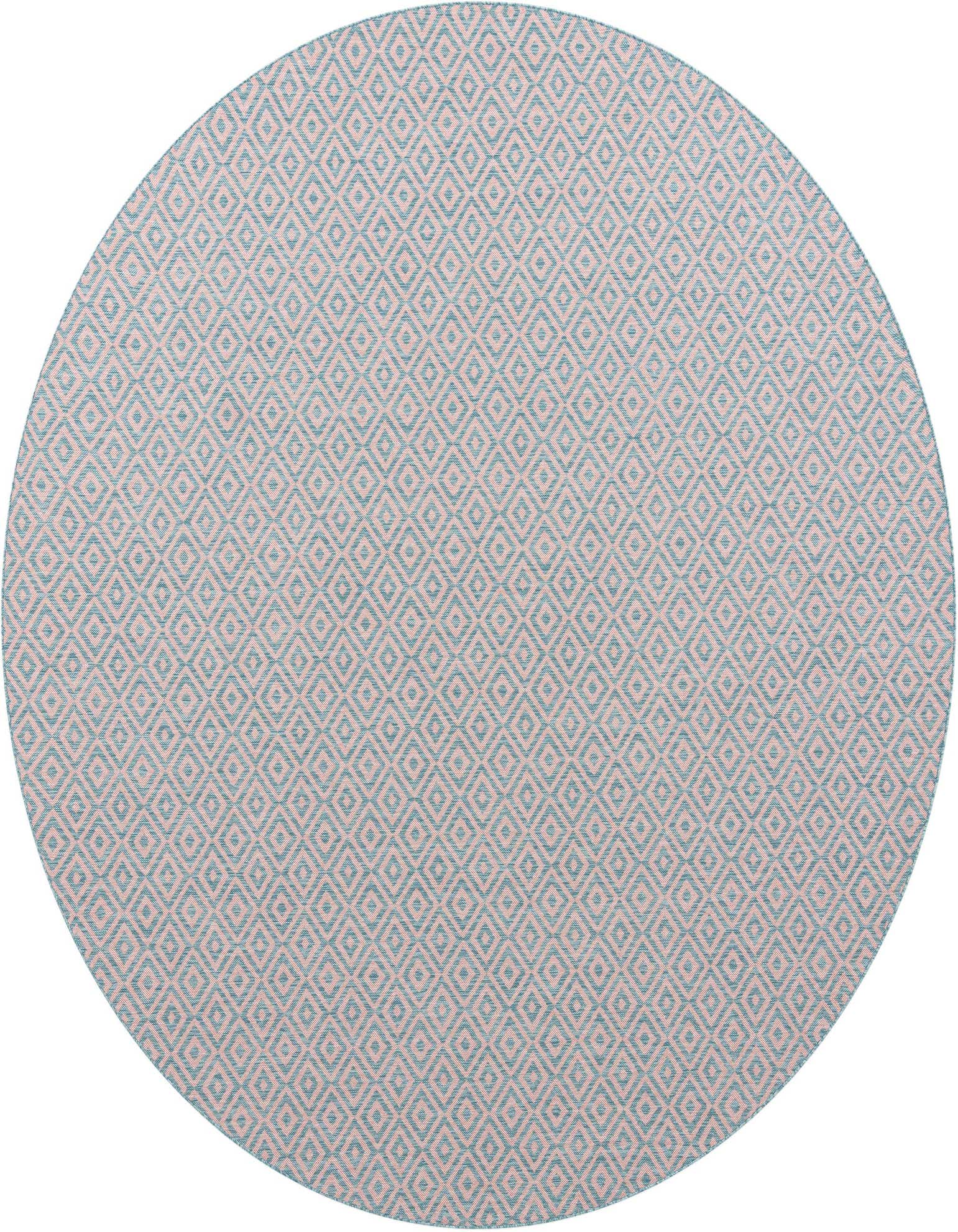 A 10' 8 round pink and aqua flatweave rug with a modern trellis pattern, suitable for indoor or outdoor use.