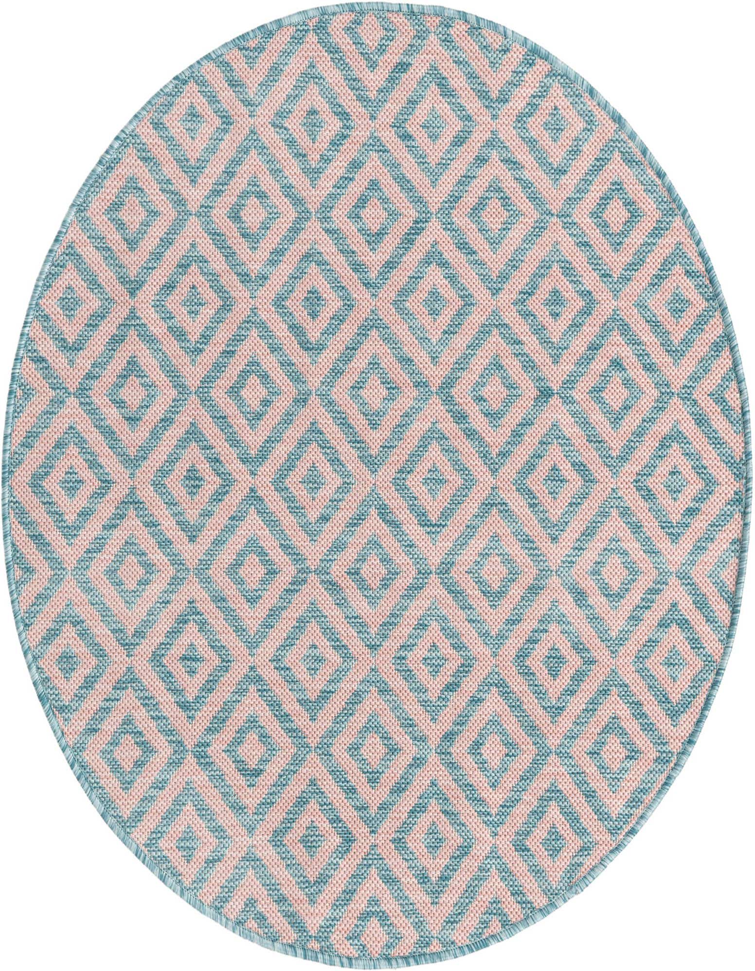 A 3' round indoor/outdoor rug featuring a pink background with an aqua trellis diamond pattern, ideal for a patio.