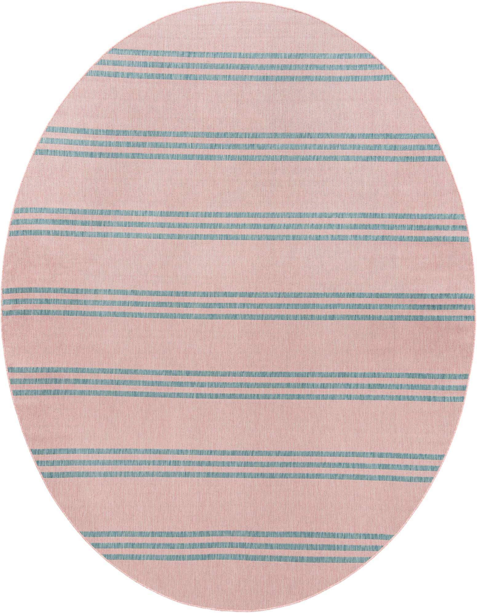 A 10' 8 round pink and aqua striped rug, perfect for a patio or indoor space, featuring a flatweave texture.