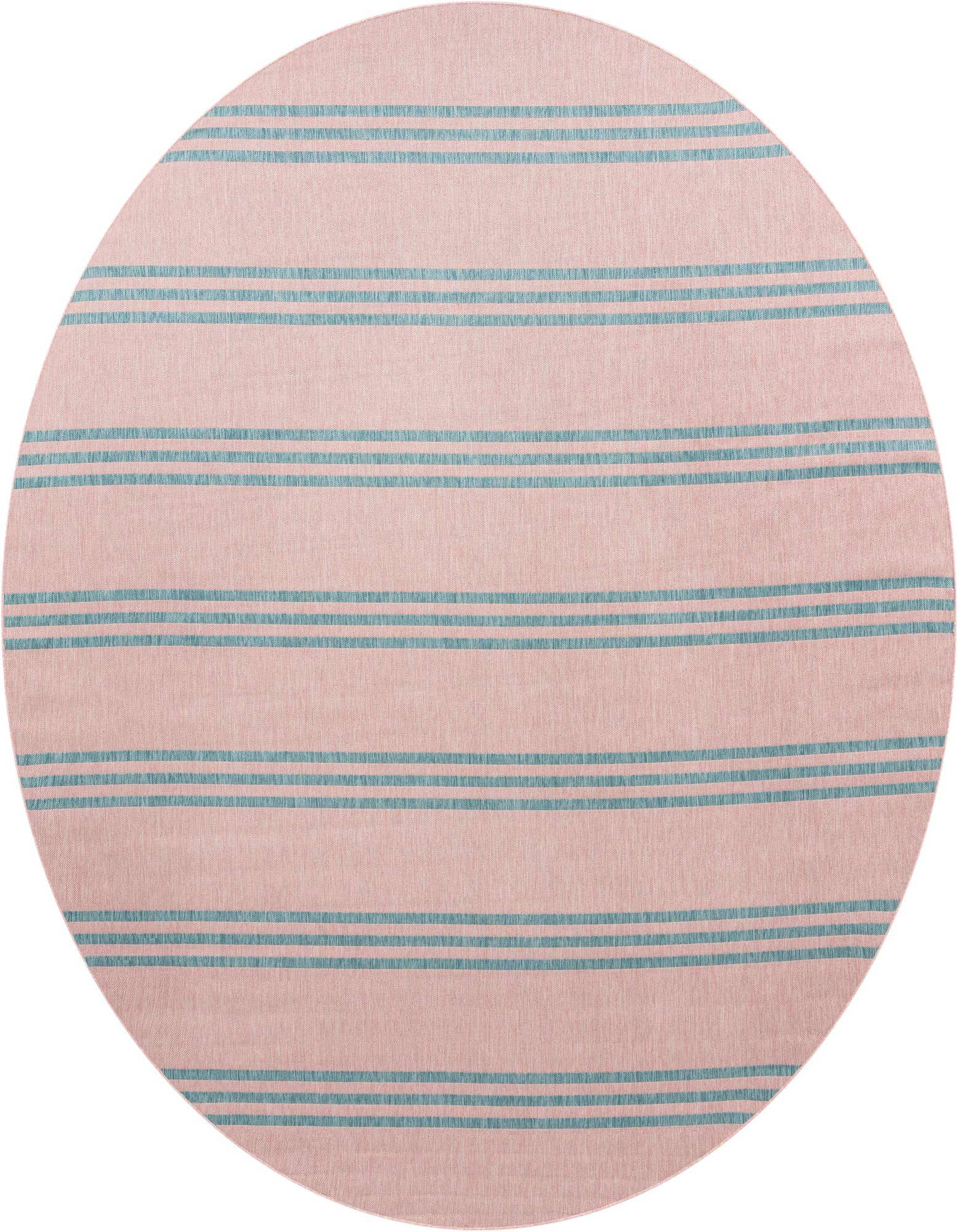 A 13-foot round pink and aqua striped rug, perfect for a modern coastal patio or indoor space.