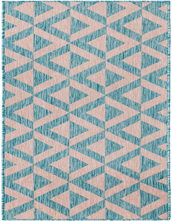 A 6 ft runner rug featuring a modern geometric trellis pattern in pink and aqua blue, suitable for a hallway or patio.