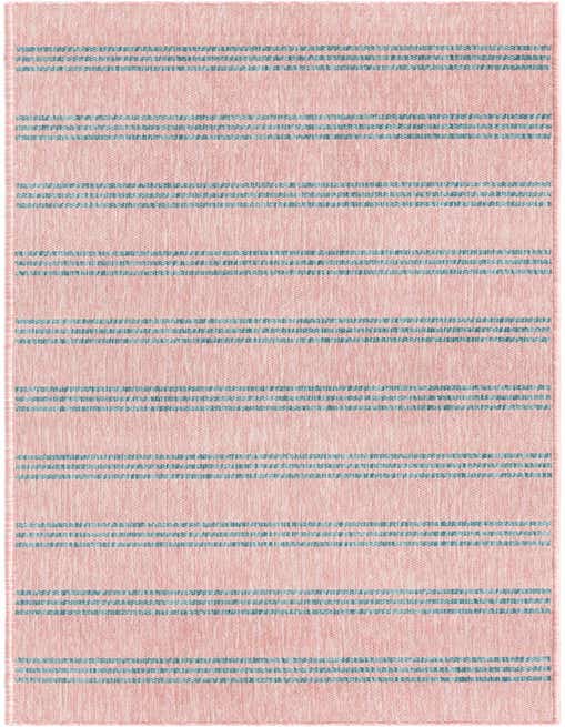 A pink and aqua striped 8 ft runner rug, perfect for a hallway or outdoor patio.