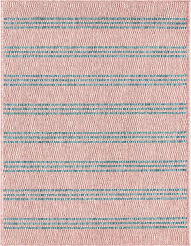 A 6 ft runner rug in pink with horizontal aqua stripes, featuring a textured flatweave ideal for hallways or patios.