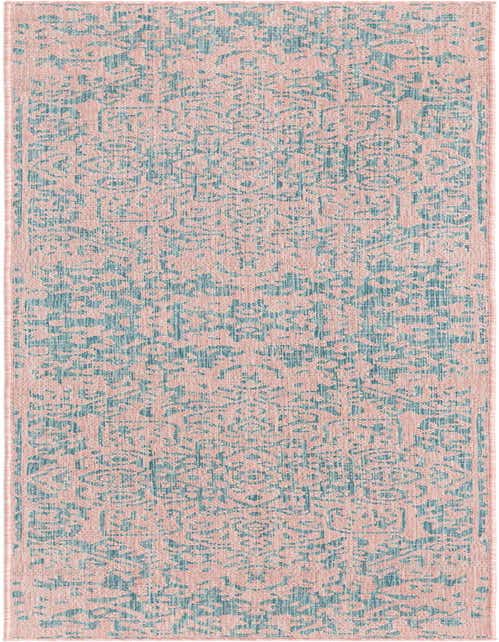 A pink and aqua 8 ft runner rug with a distressed traditional medallion pattern, suitable for a hallway or patio.