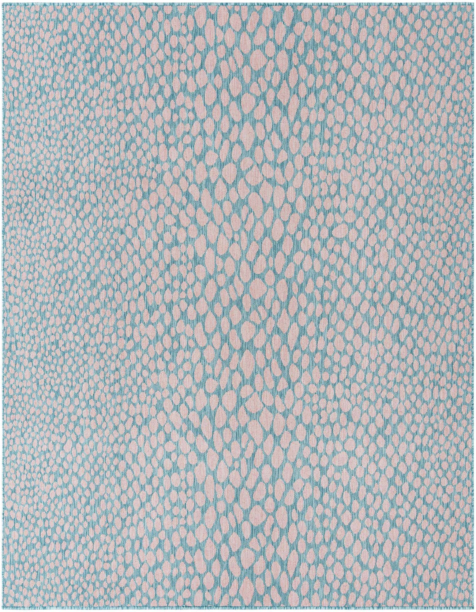 A 7' 10 x 7' 10 square Jill Zarin Outdoor rug in pink and aqua with a modern, textured pebble pattern.
