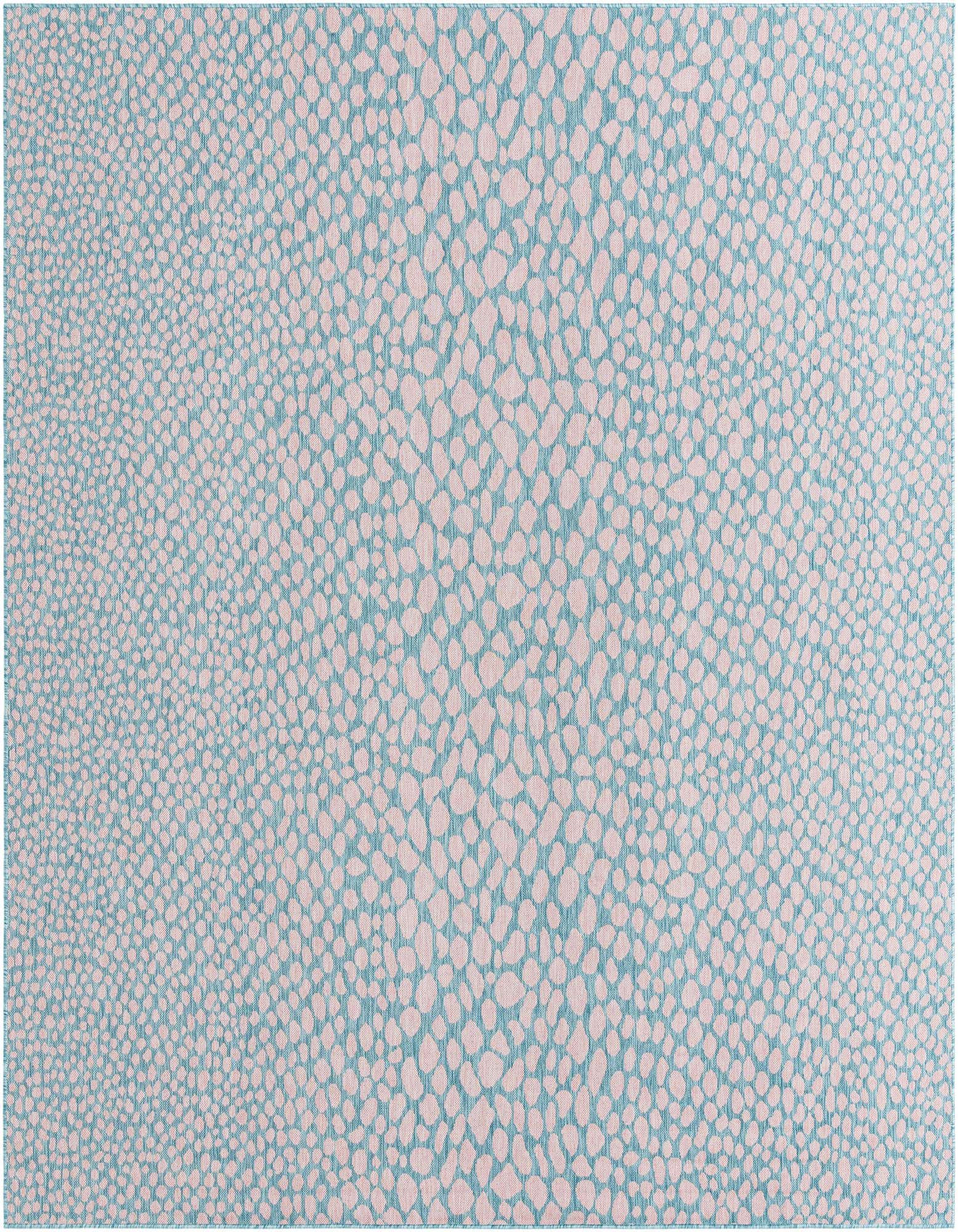 A 10' 8 x 10' 8 square Jill Zarin Outdoor rug featuring a modern pink and aqua pebble-like pattern, suitable for indoor or outdoor use.