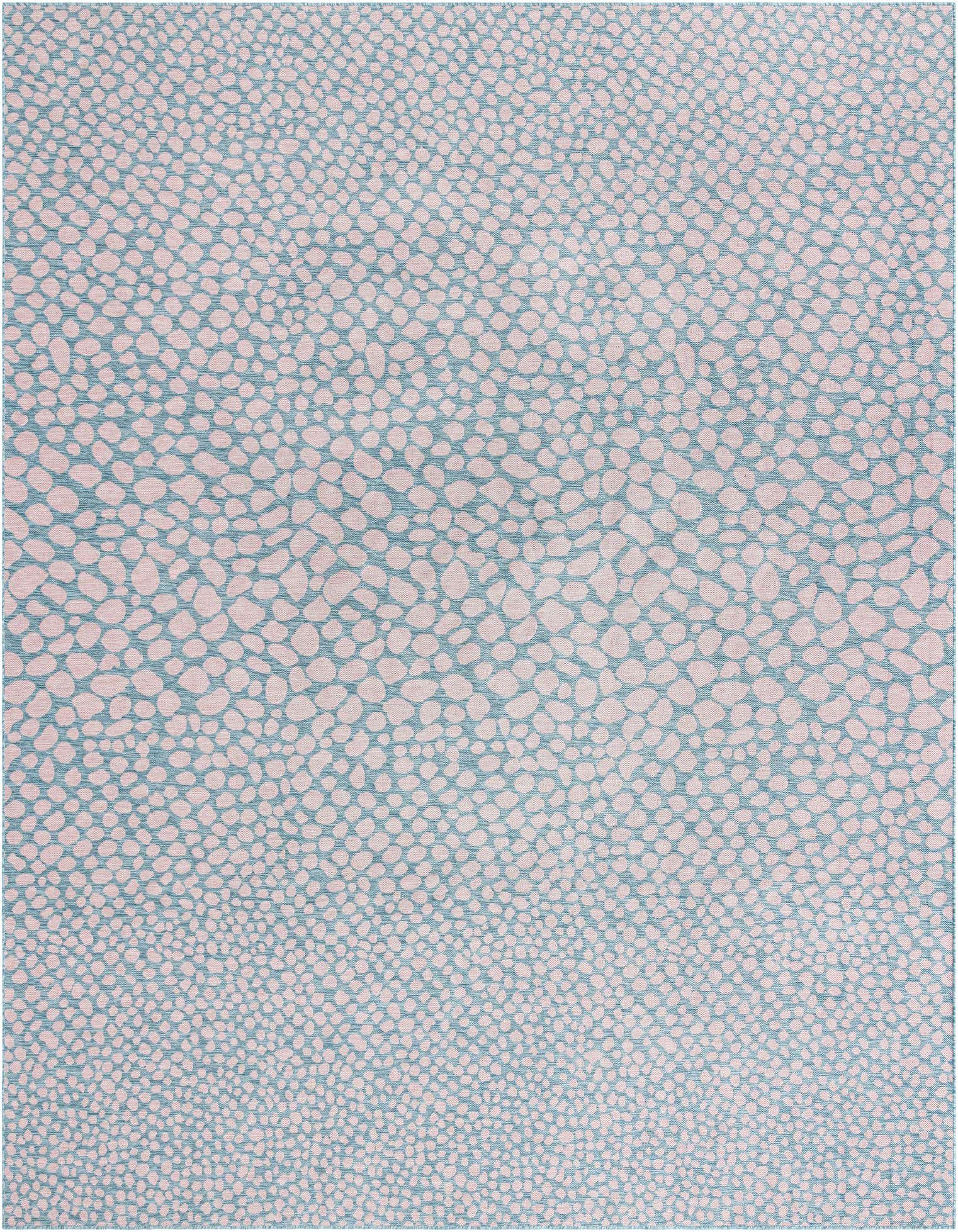 A 13' 0 x 13' 0 square pink and aqua modern abstract rug with a textured pebble-like pattern.